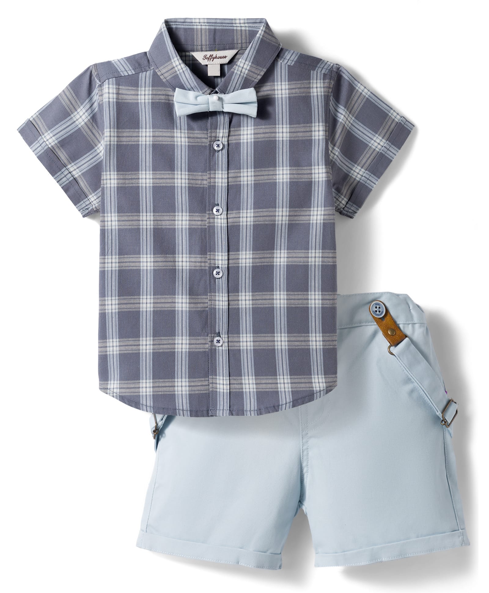 ToffyHouse Cotton Woven Half Sleeves Checkered Party Shirt & Shorts Set with Bow & Suspender - Light Blue-image-29