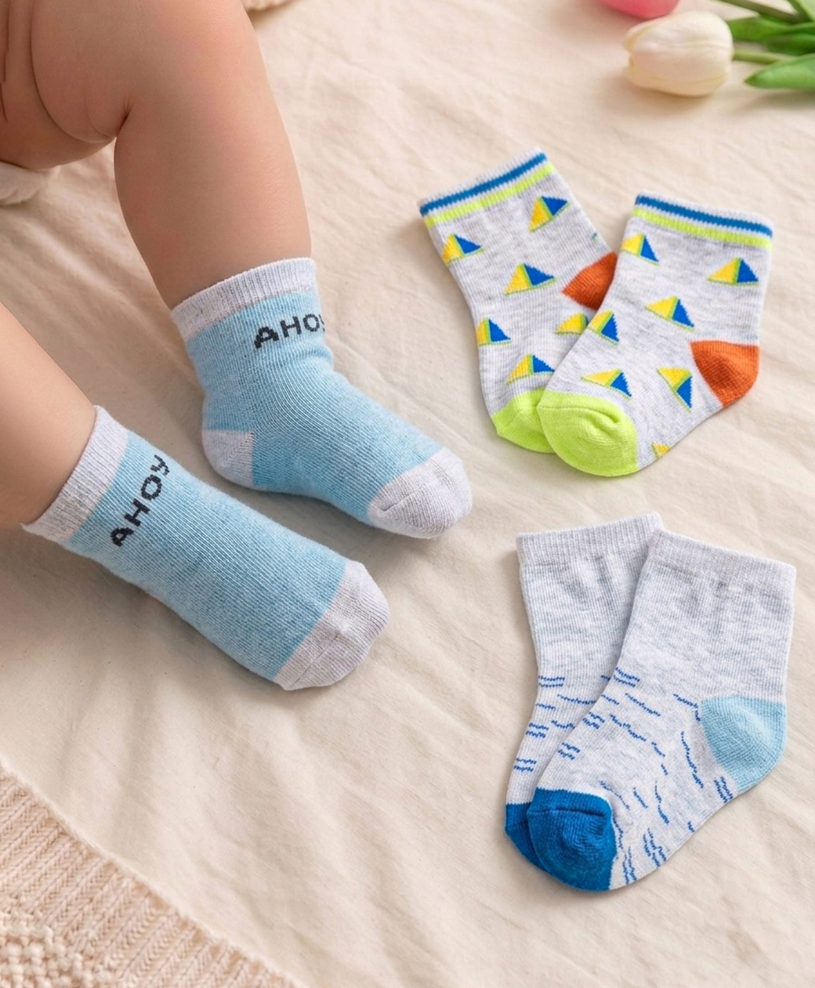Cute Walk by Babyhug Knit Ankle Length Anti Bacterial Socks with Abstract & Ahoy Text Design Pack of 3 -Light Blue & White-image-11