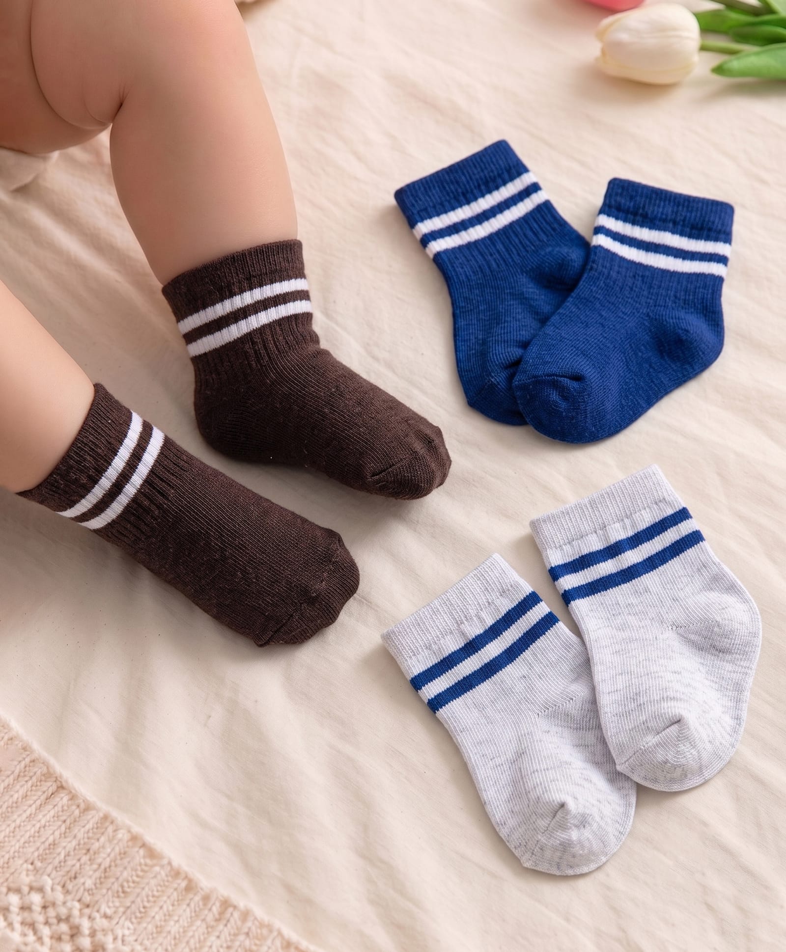 Cute Walk by Babyhug Knit Anti Bacterial Ankle Length Striped Socks Pack of 3 - Multicolor-image-46