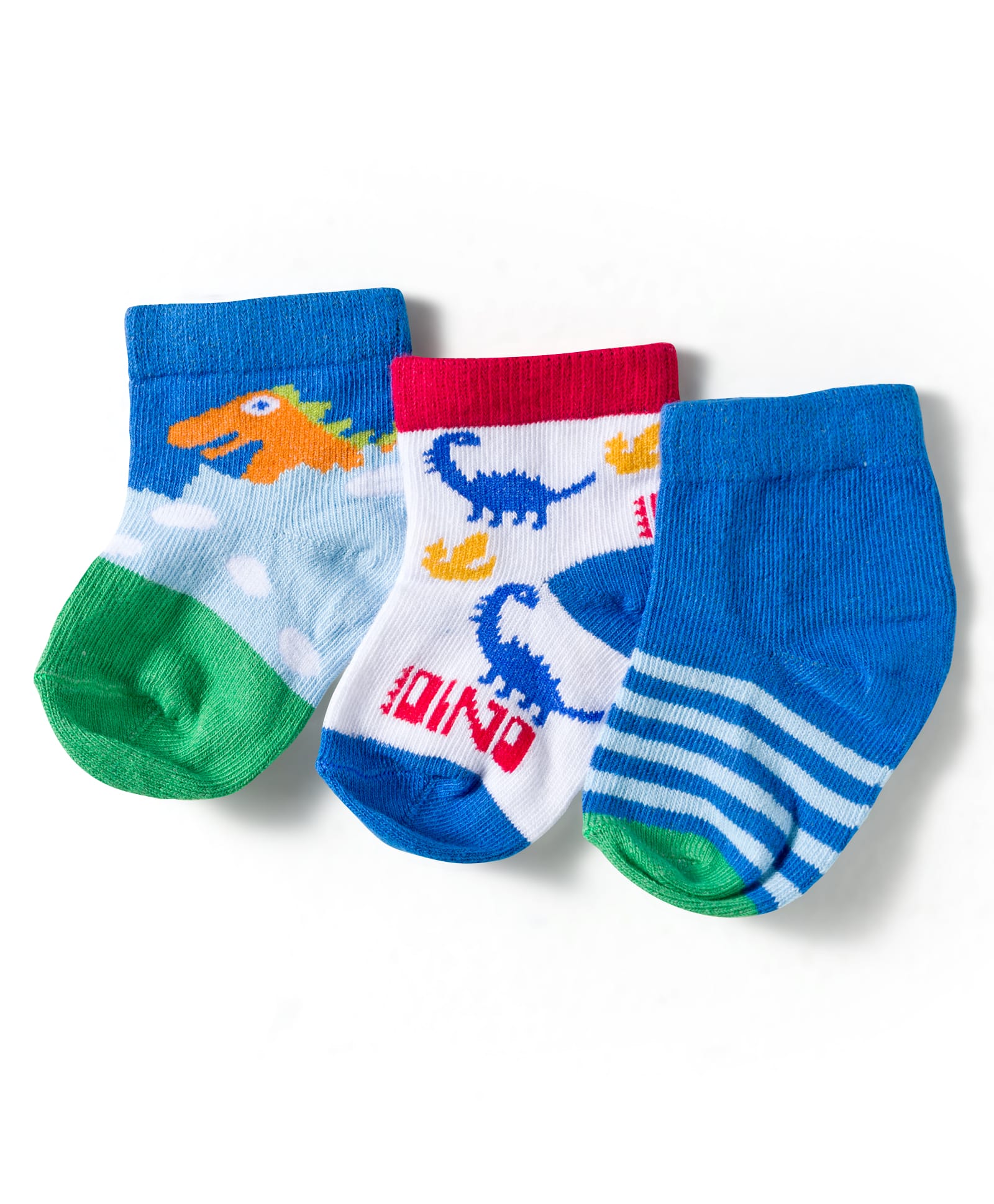 Cute Walk by Babyhug Knit Ankle Length Anti Bacterial Socks with Dino & Stripes Design Pack of 3 - White & Blue-picture-14