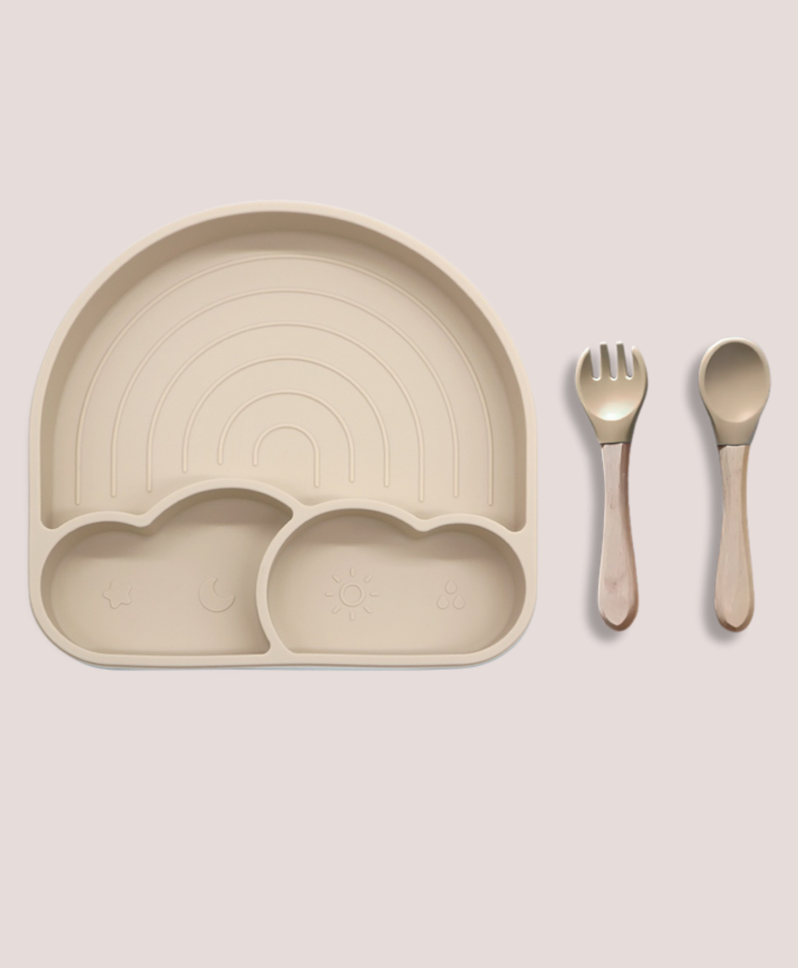 Theoni Silicone Suction Baby Feeding Set with Plate, Lid, Spoon & Fork MessFree Toddler Mealtime Essential Beige-picture-8