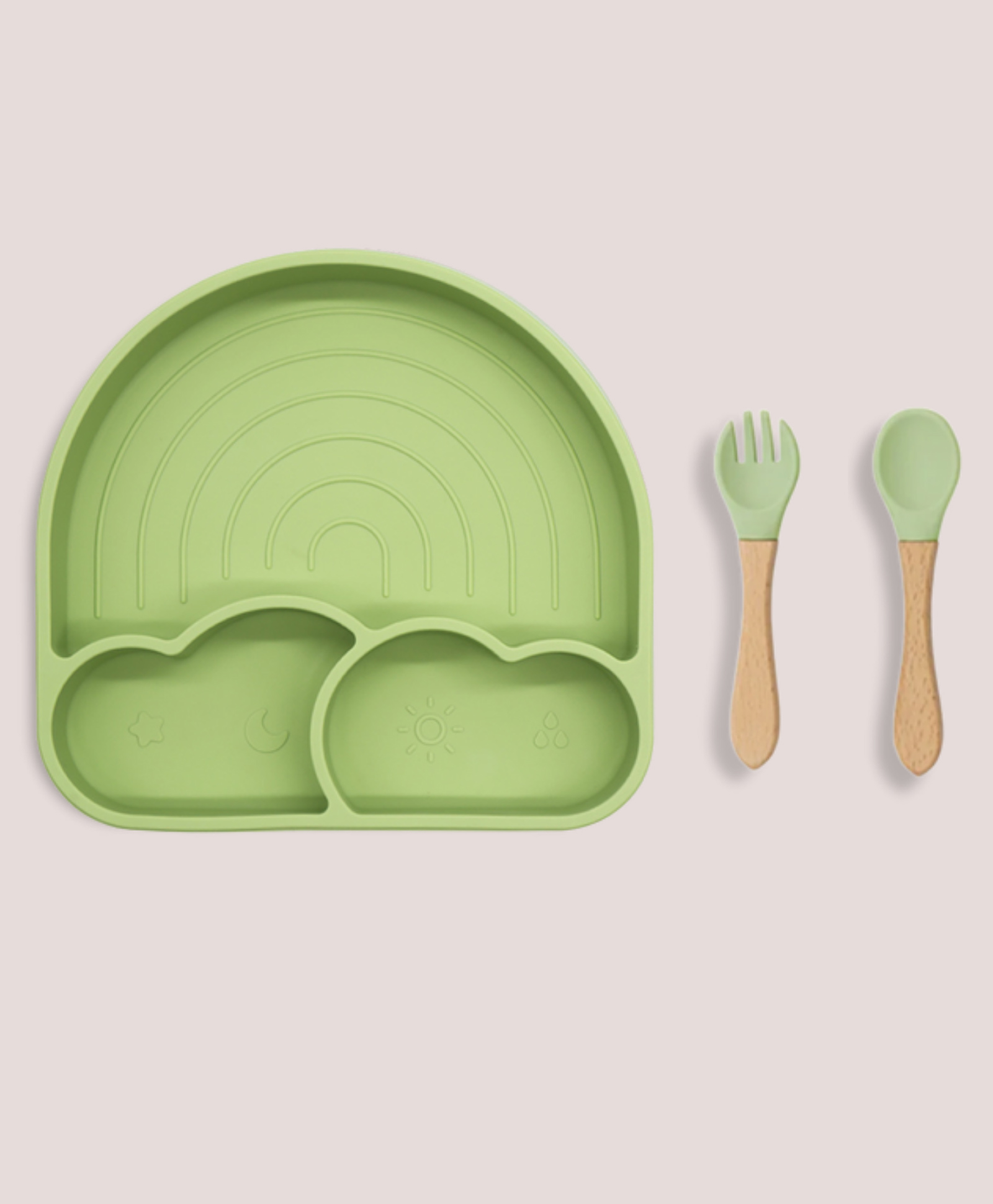 Theoni Silicone Suction Baby Feeding Set with Plate, Spoon & Fork Mess Free Toddler Mealtime Essential Olive-picture-5