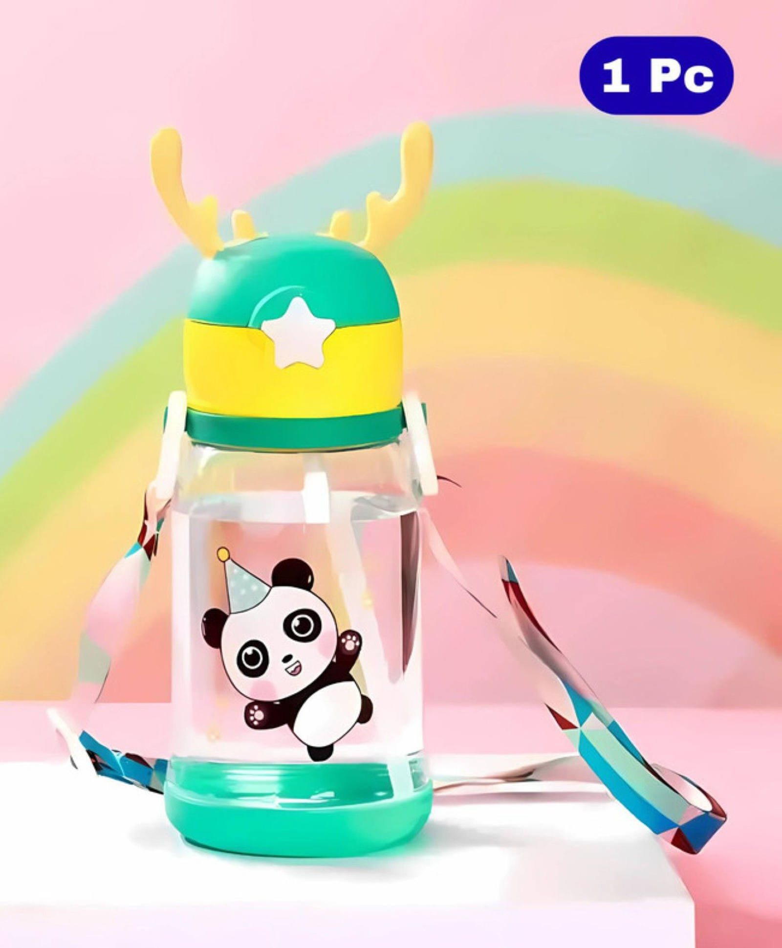 Bubble Trouble Plastic Deer Horn Shape Water Bottle With Straw & Strap BPA Free Non-Toxic, Anti-Leak With Cartoon Design Water Bottle For Kids, School, Home (600ml) - Green-image-24