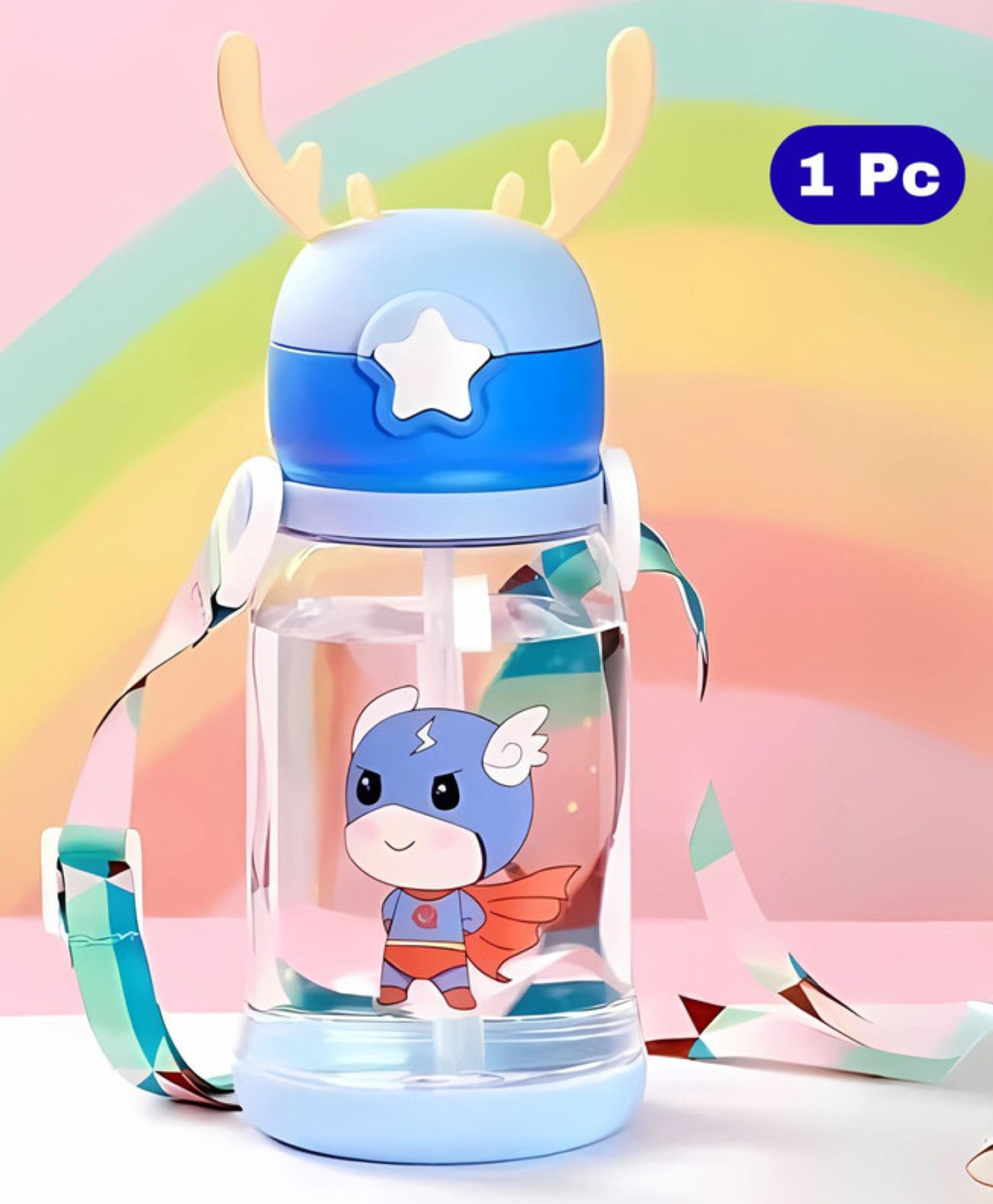 Bubble Trouble Plastic Deer Horn Shape Water Bottle With Straw & Strap BPA Free Non-Toxic, Anti-Leak With Cartoon Design Water Bottle For Kids, School, Home (600ml) - Blue-image-22
