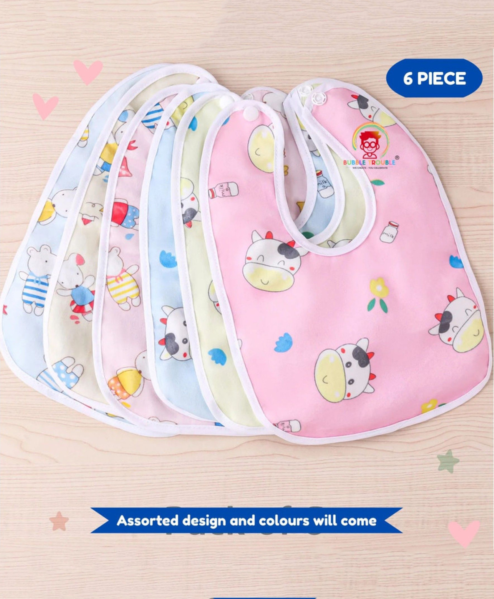 Bubble Trouble Waterproof Feeding Bibs with Snap Button Closure Print Pack of 6- Multicolour-image-32