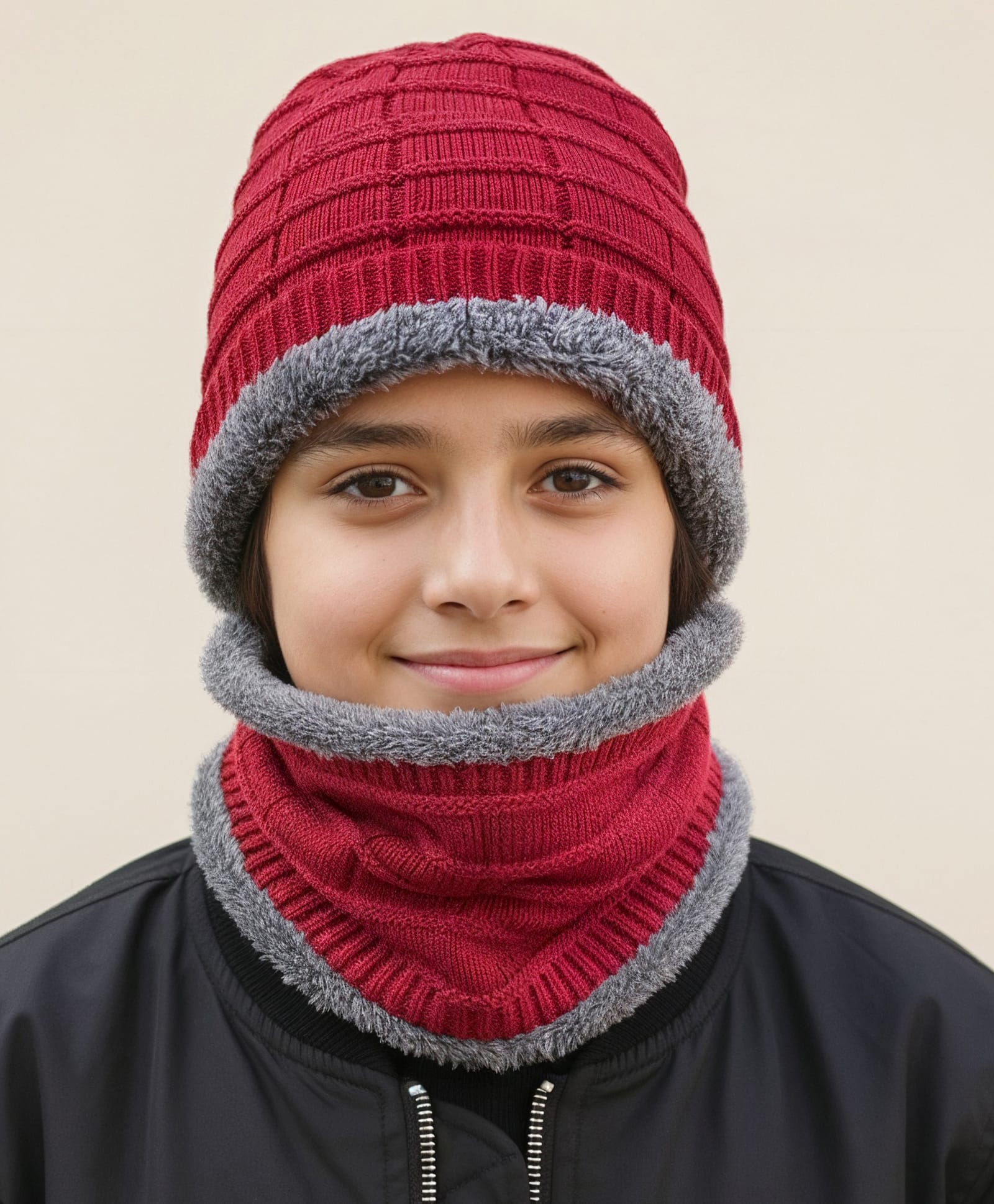 Pine Kids Knit Woollen Cap & Muffler Set Maroon - Diameter 15.5 cm-image-34