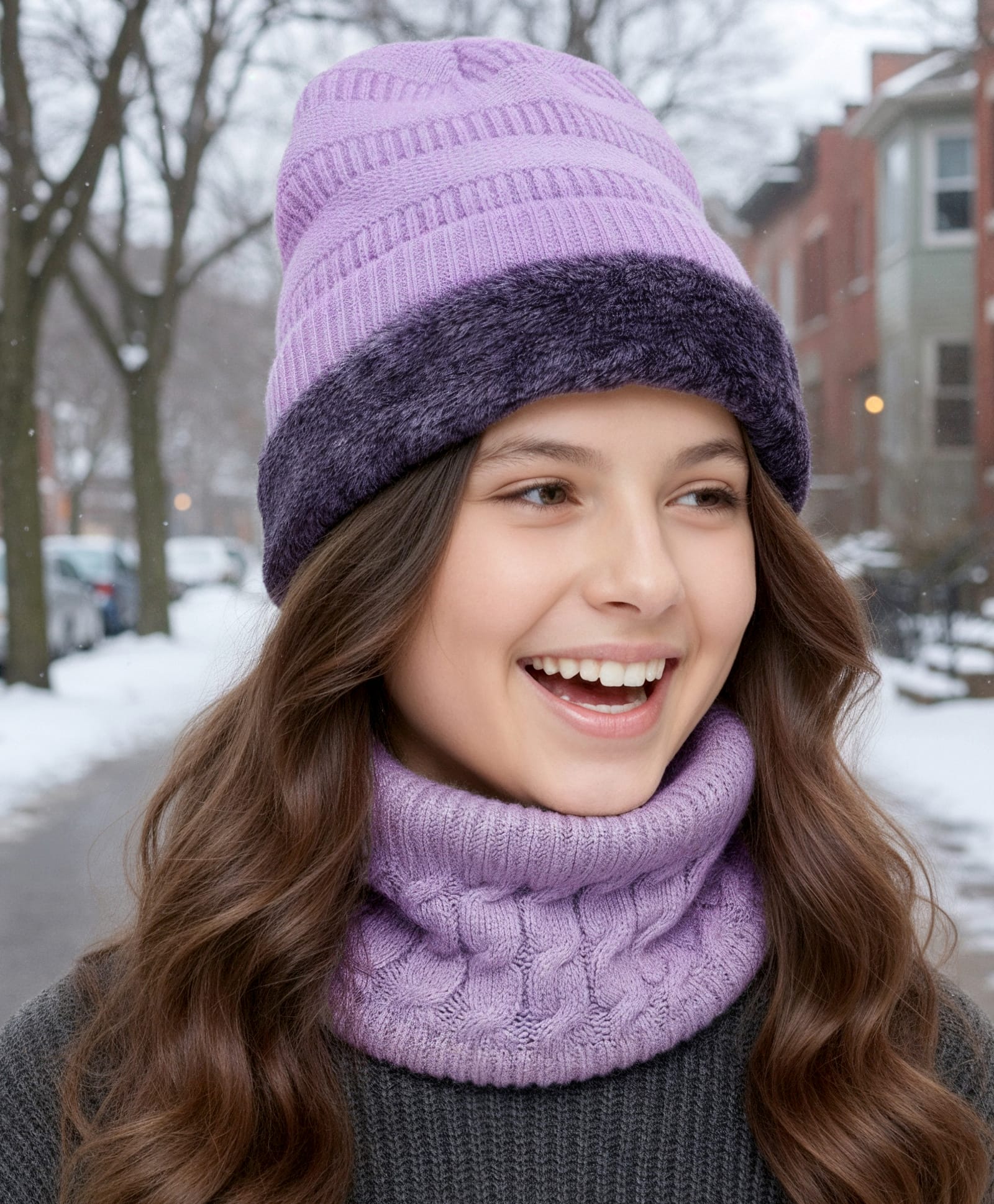 Pine Kids Knitted Solid Woollen Cap & Muffler Lilac - Diameter 18 cm-image-48