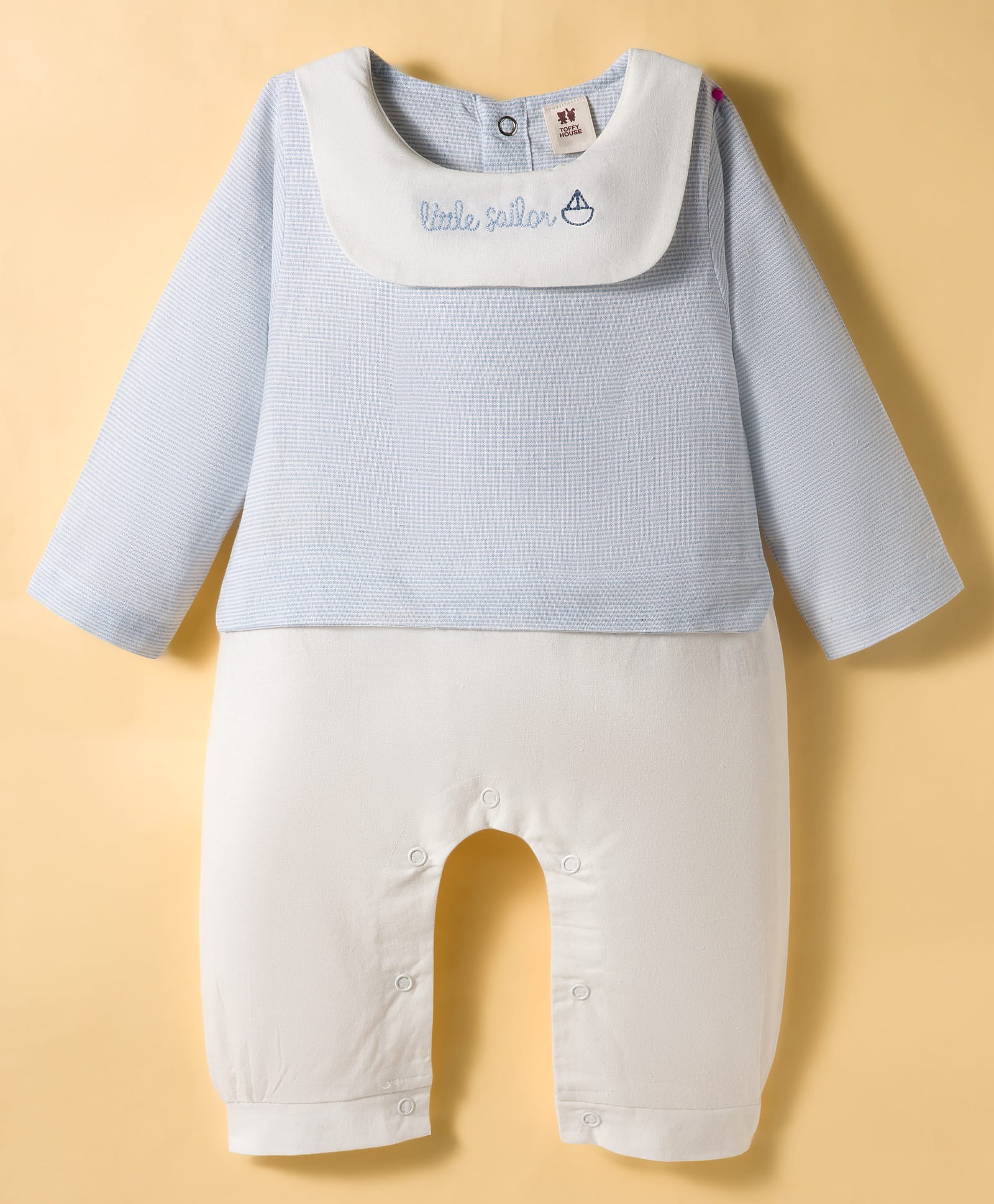 ToffyHouse Cotton Knit Romper Full Sleeves With Stripes & Little Sailor Text EmbroIdery - Light Blue-image-0