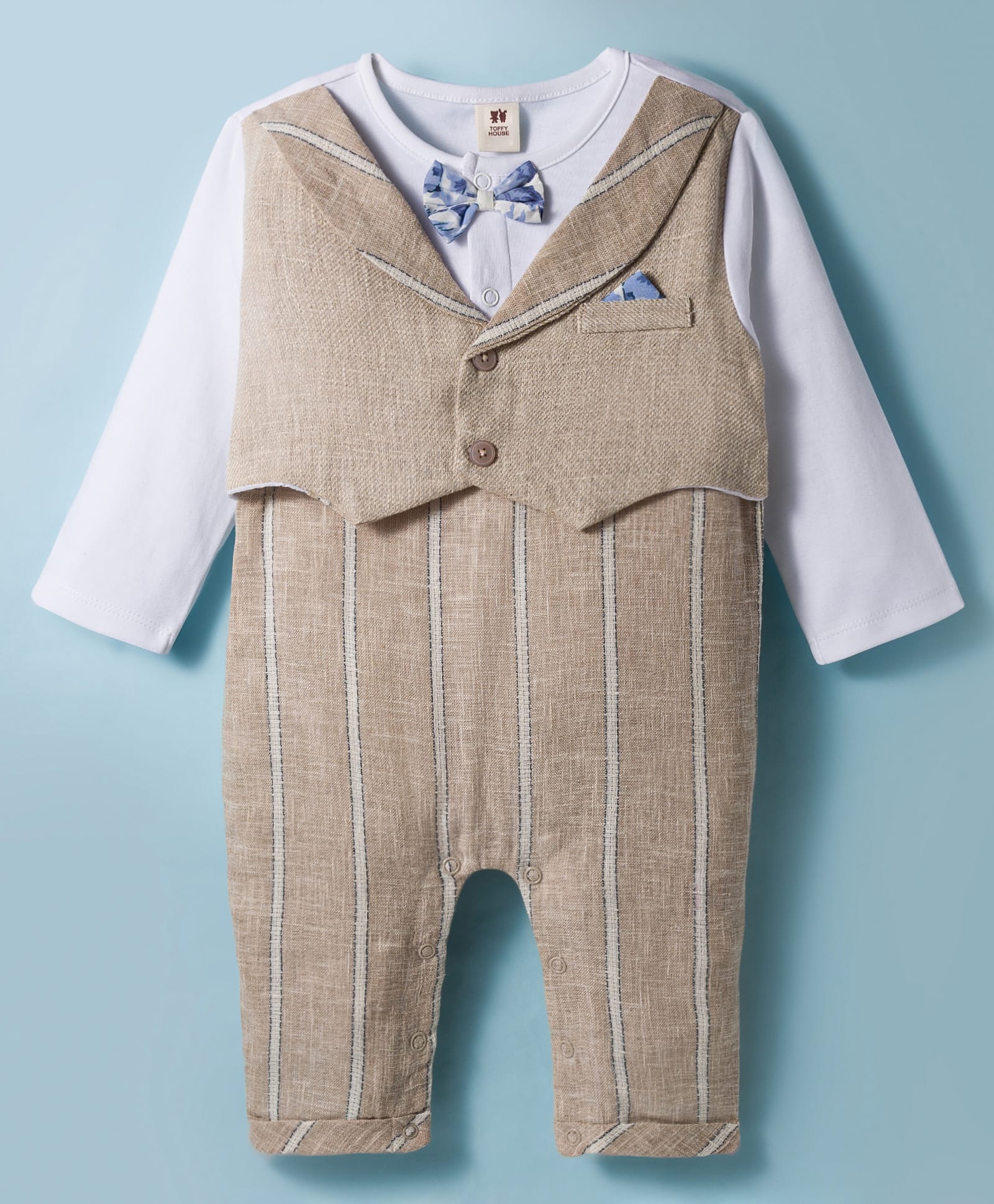 ToffyHouse Cotton Knit Full Sleeves Party Romper with Stripes & Attached Bow & Waistcoat - Beige-picture-45