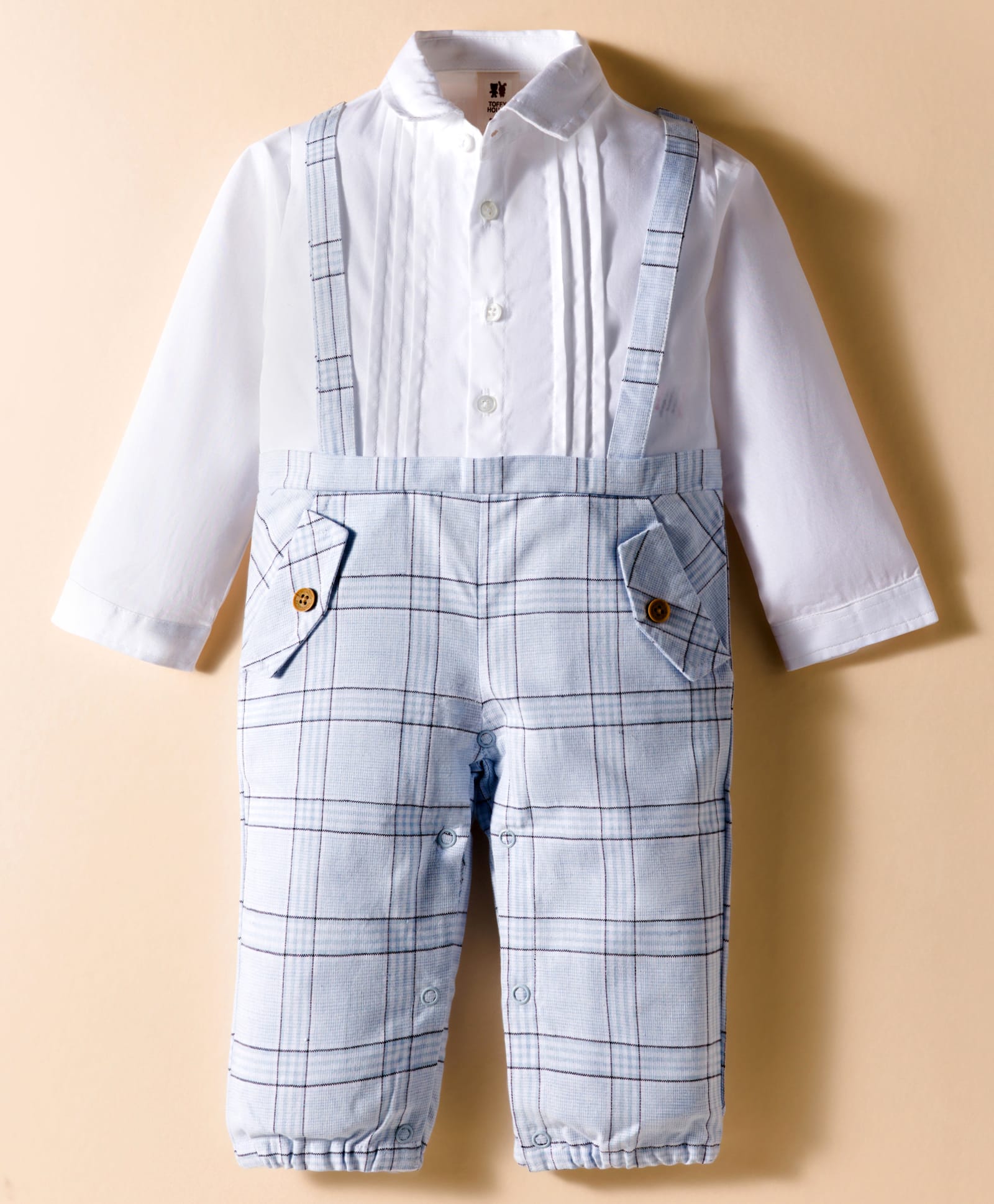 ToffyHouse Cotton Knit Full Sleeves Checks Party Romper With Tie - Light Blue-picture-34