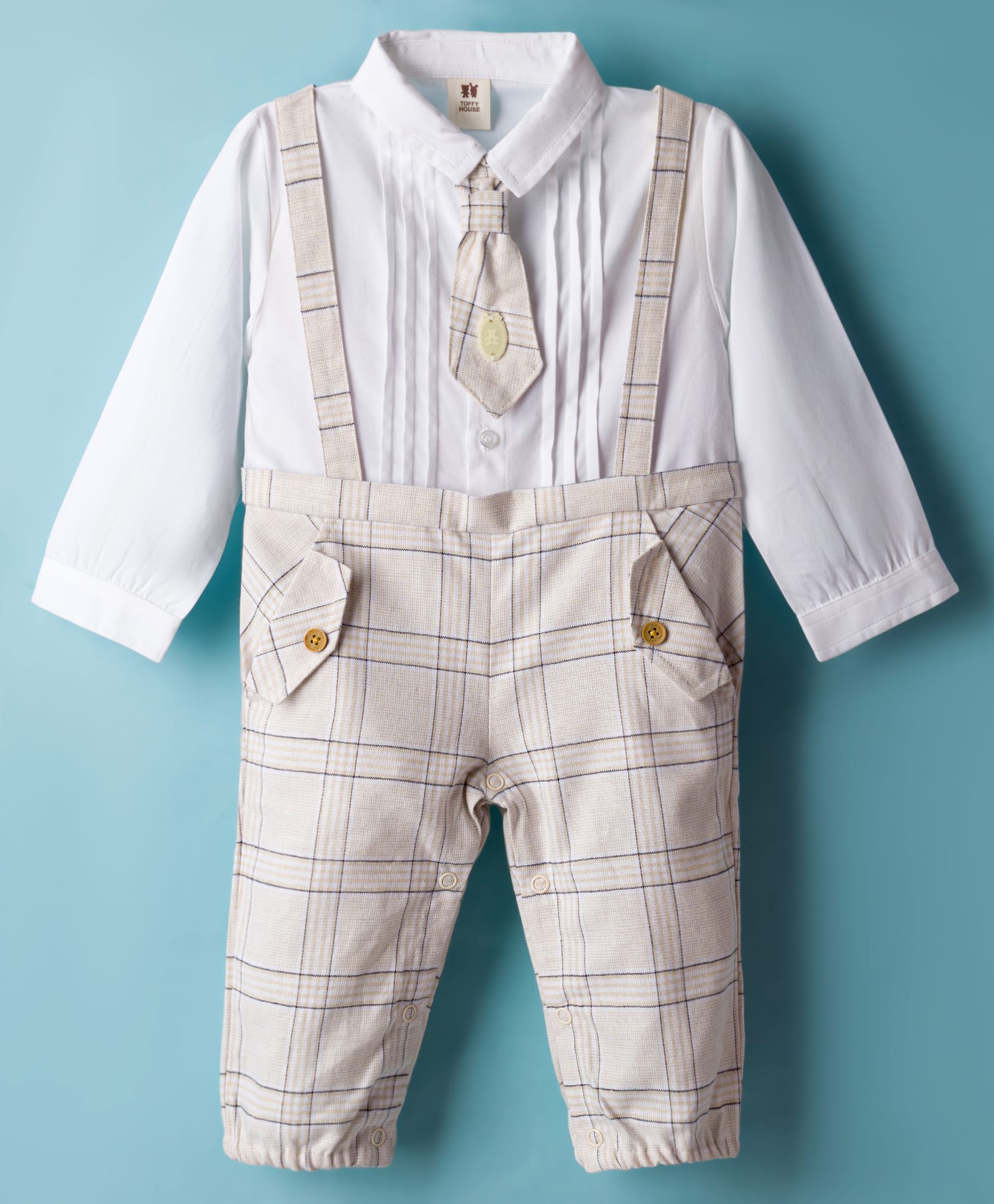 ToffyHouse Cotton Knit Full Sleeves Dungaree Style Party Rompers with Checks & Attached Tie - White & Beige-picture-38