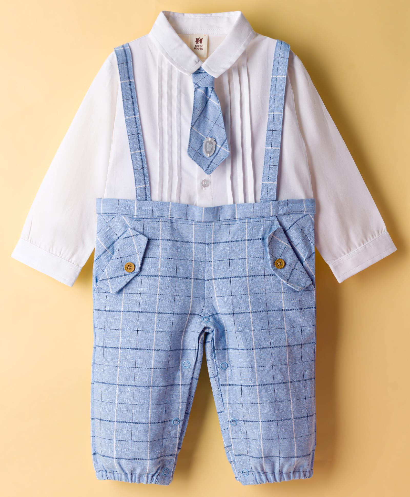 ToffyHouse Cotton Knit Full Sleeves Dungaree Style Party Rompers with Checks & Attached Tie - White & Light Blue-picture-11