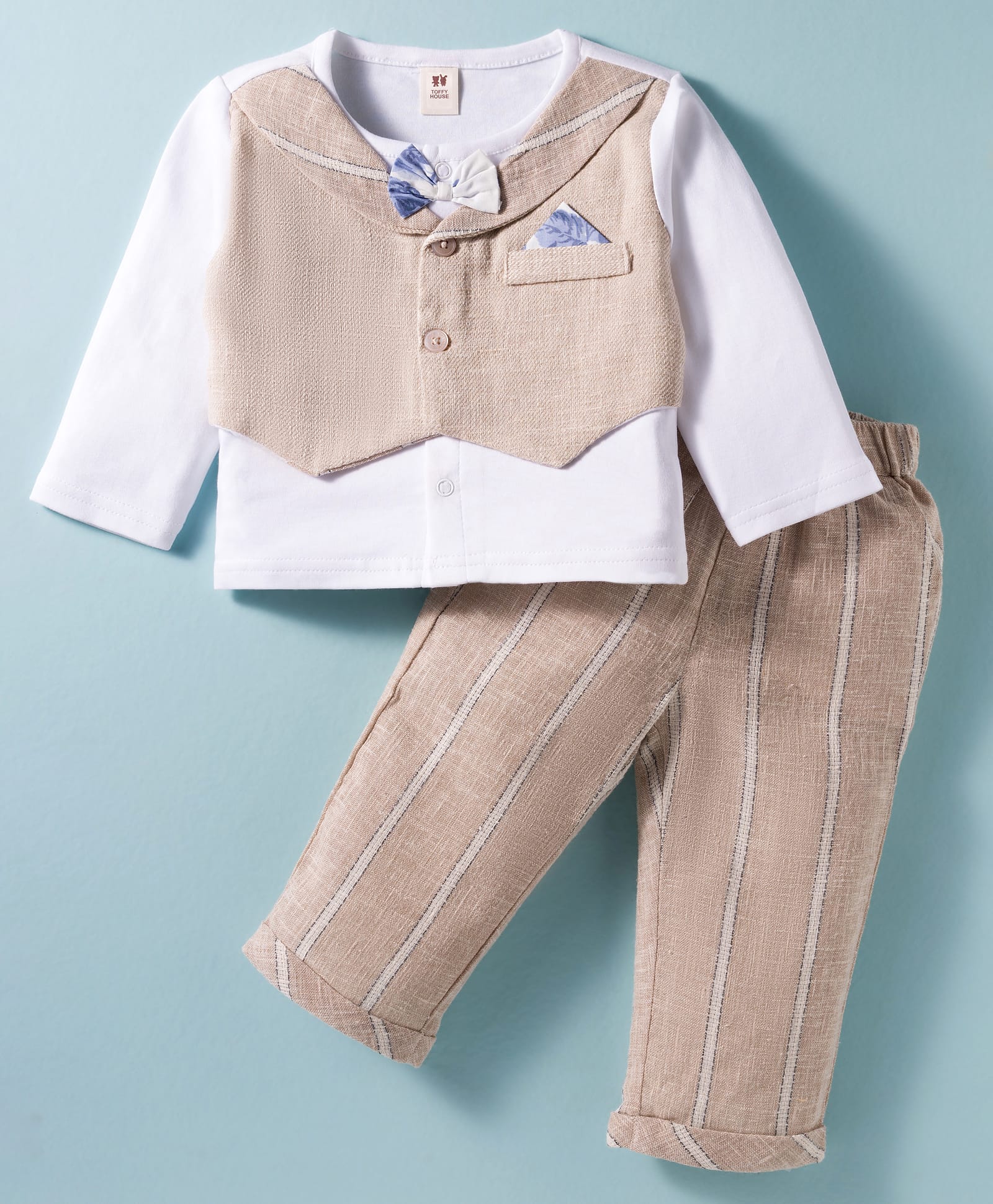 ToffyHouse Cotton Knit Full Sleeves Striped T-Shirt & Pant with Bow - Beige-picture-40