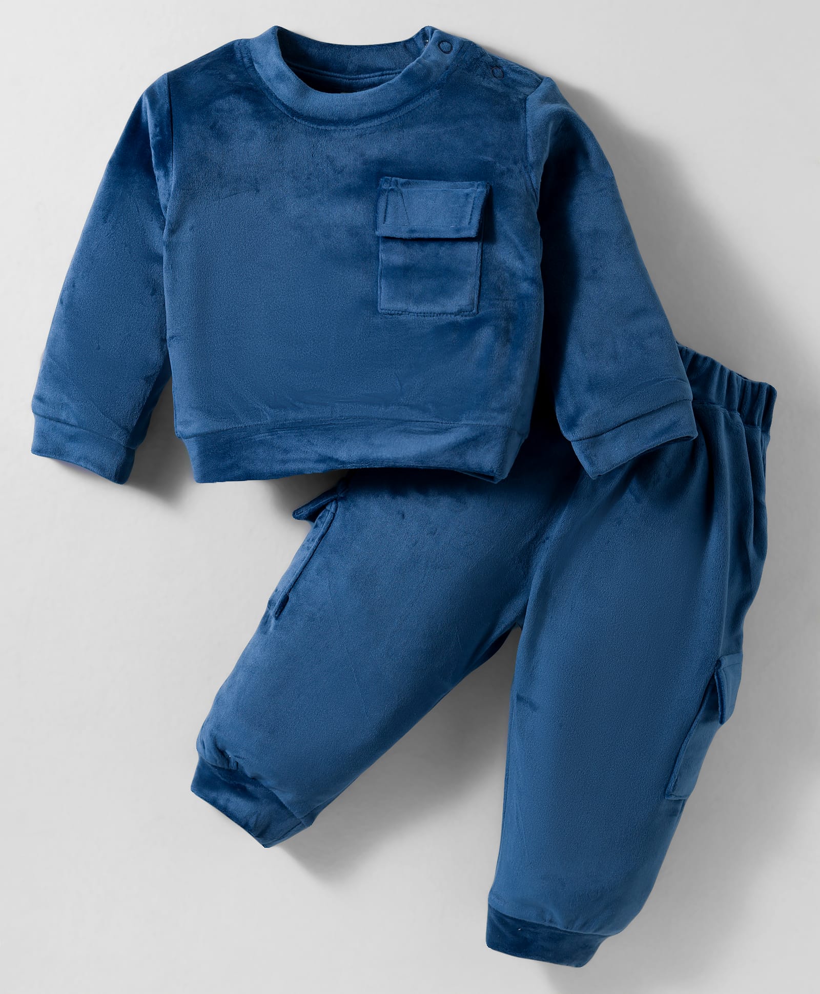 ToffyHouse Fleece Knit Full Sleeves Co-ord Solid Color Night Suit - Navy Blue-image-25