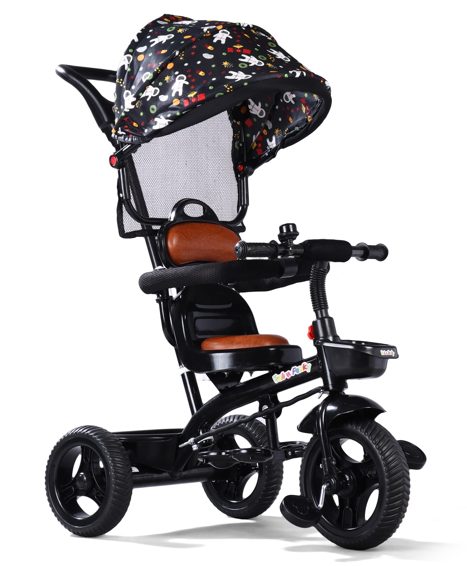 Kids Tricycle with Removable Canopy & PU Cushion Seat -Black|Plug&Play Wheels|Direction Control PushHandle| Foldable Footrest| Sturdy&Durable Frame|Easy Assembling| Puncture Proof Tyres| Activity Gift-image-18