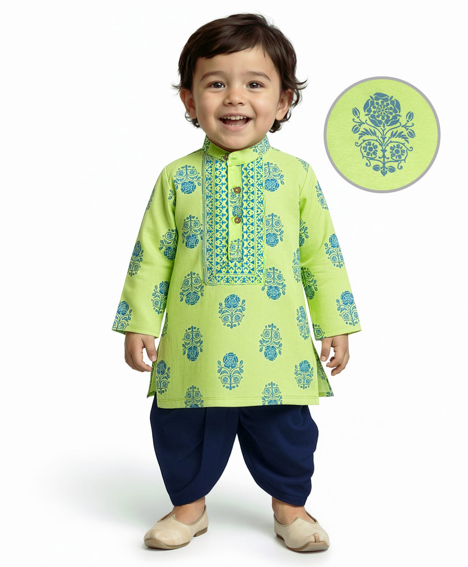 EARTHY TOUCH Single Jersey Knit Full Sleeves Kurta Dhoti Set With Floral Print - Light Green & Navy Blue-picture-12