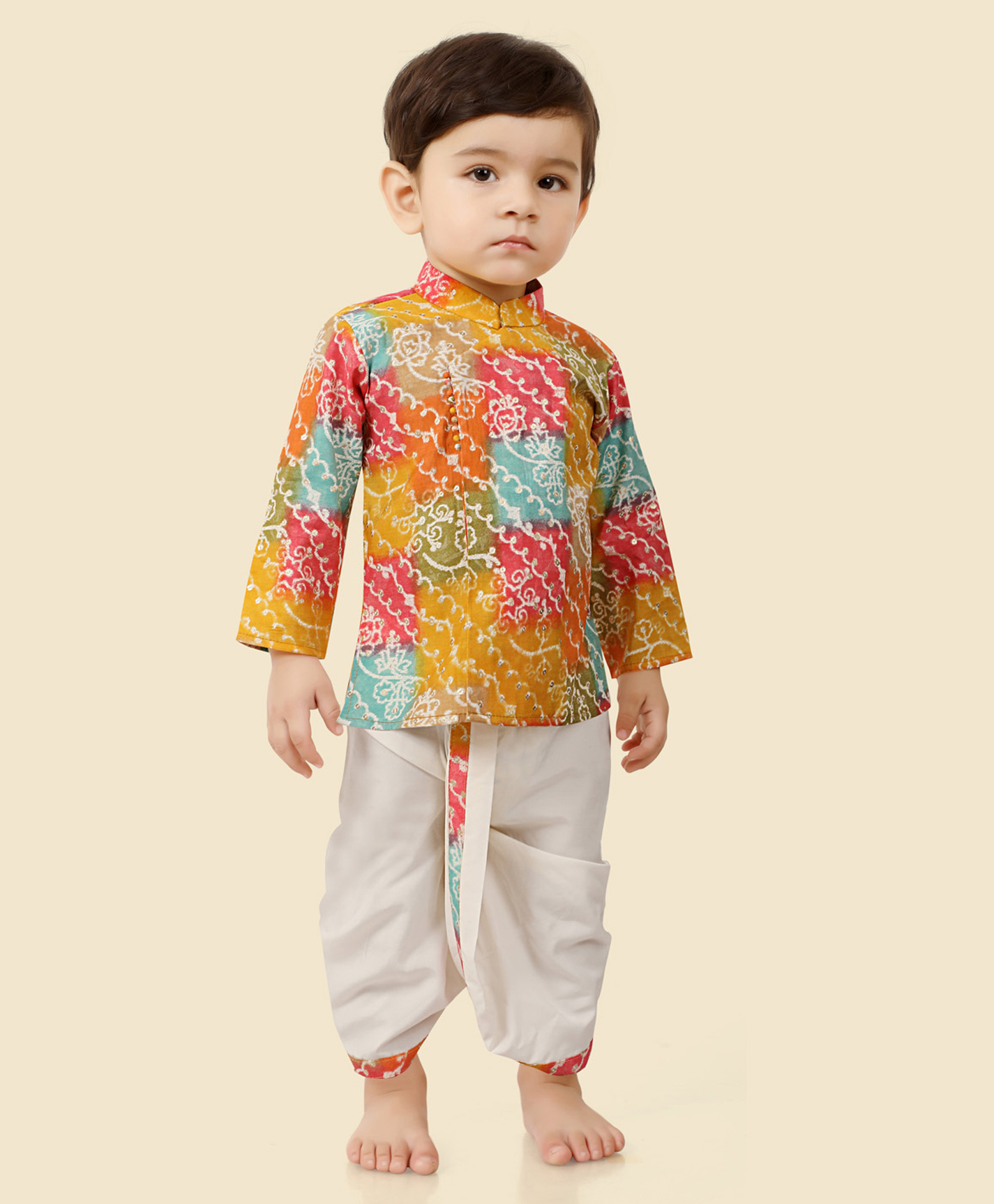 little desi Cotton Woven Full Sleeves Floral Foil Printed & Sequins Embellished Dhoti Kurta Set - Multi Colour-picture-30