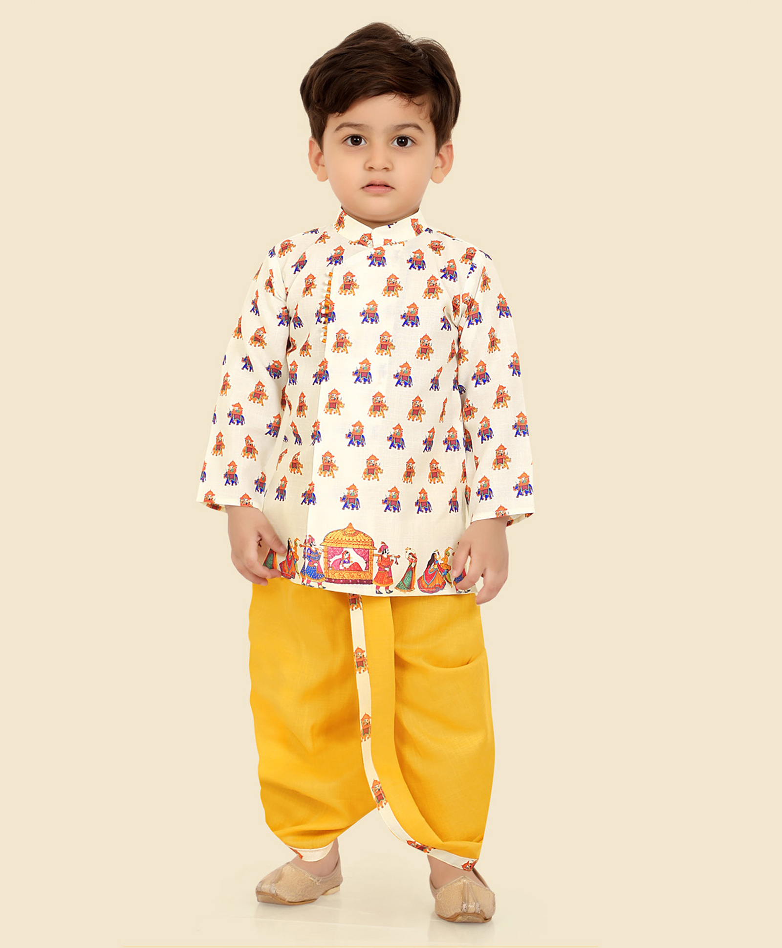 little desi Cotton Woven Full Sleeves Royal Doli Printed Dhoti Kurta Set - Golden-picture-19