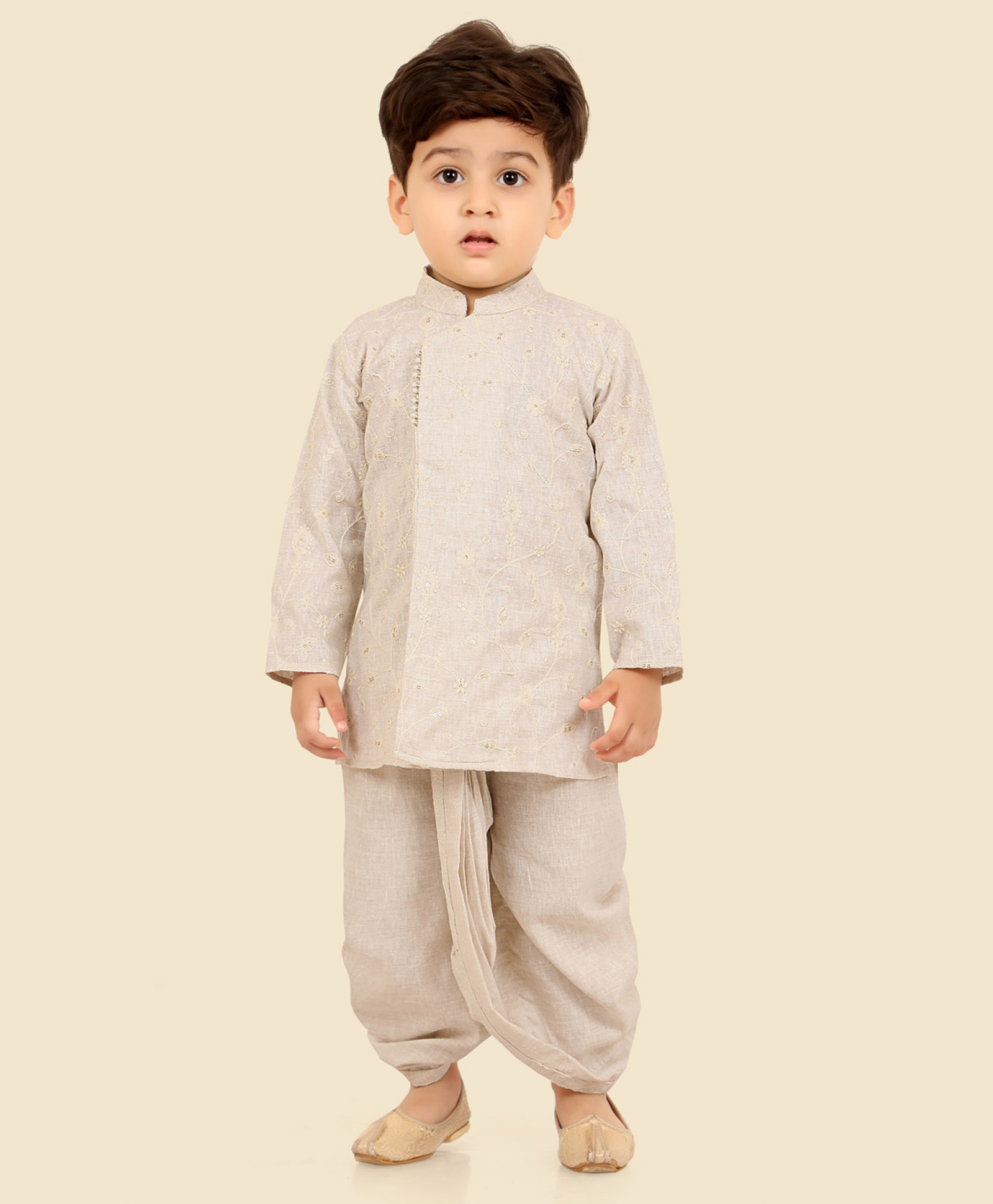 little desi Cotton Woven Full Sleeves Floral Embroidered & Sequins Embellished Dhoti Kurta Set - Cream-picture-20