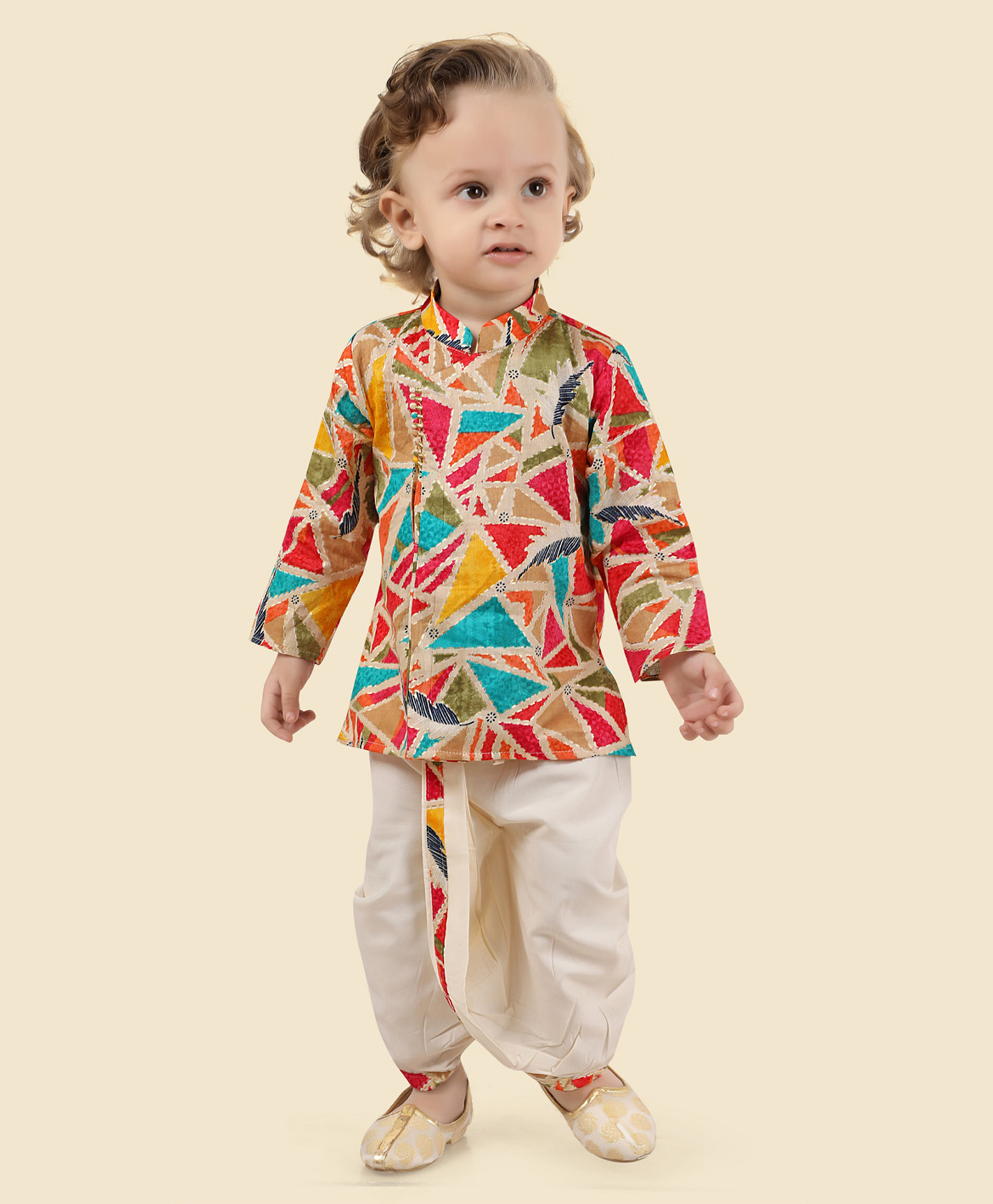 little desi Cotton Woven Full Sleeves Triangles Printed Kurta Dhoti Set - Multi Colour-picture-13