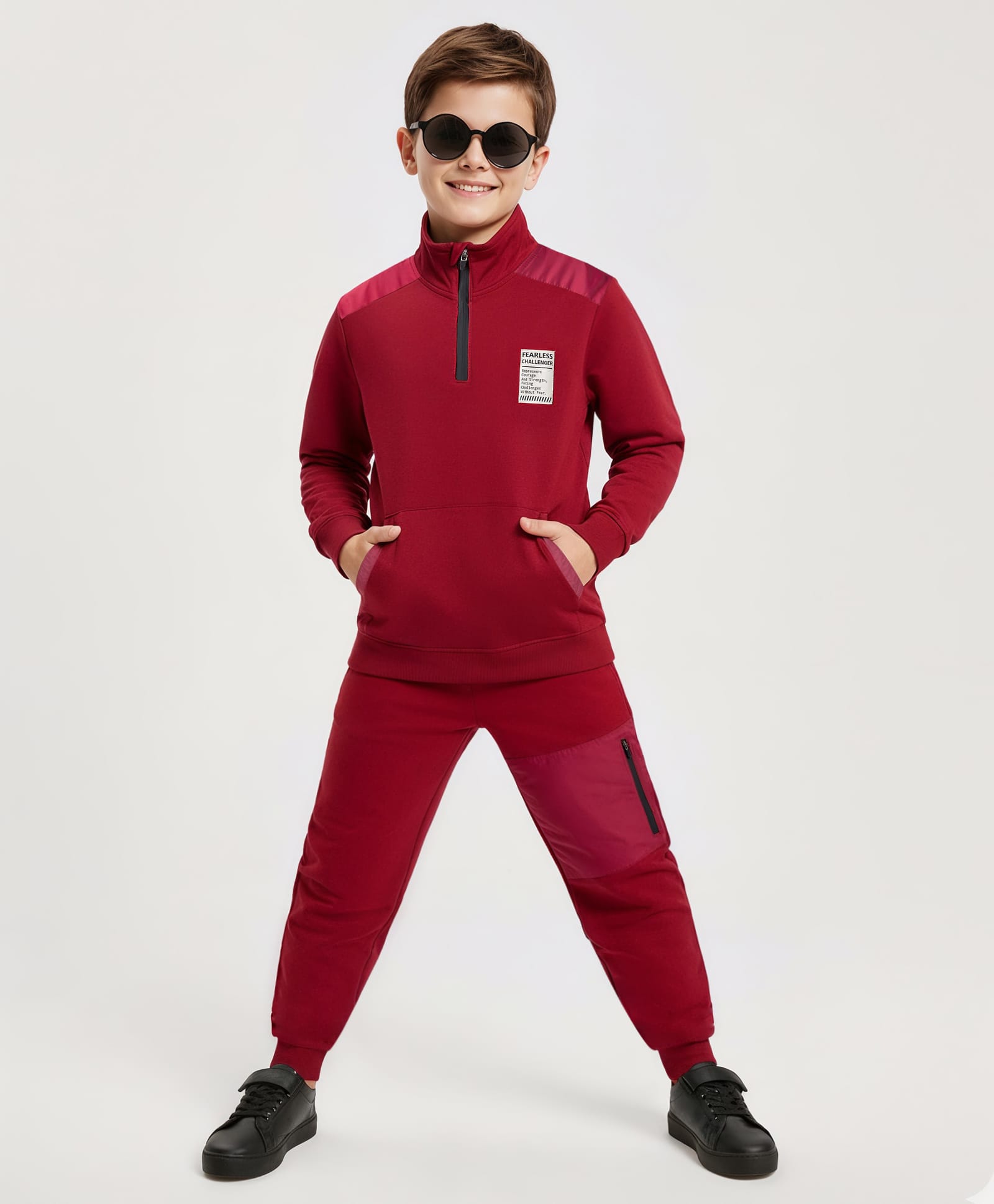 Pine Kids Looper Knit Winter Wear Solid Color T-Shirt & Joggers Set With Kangaroo Pocket - Maroon-picture-10