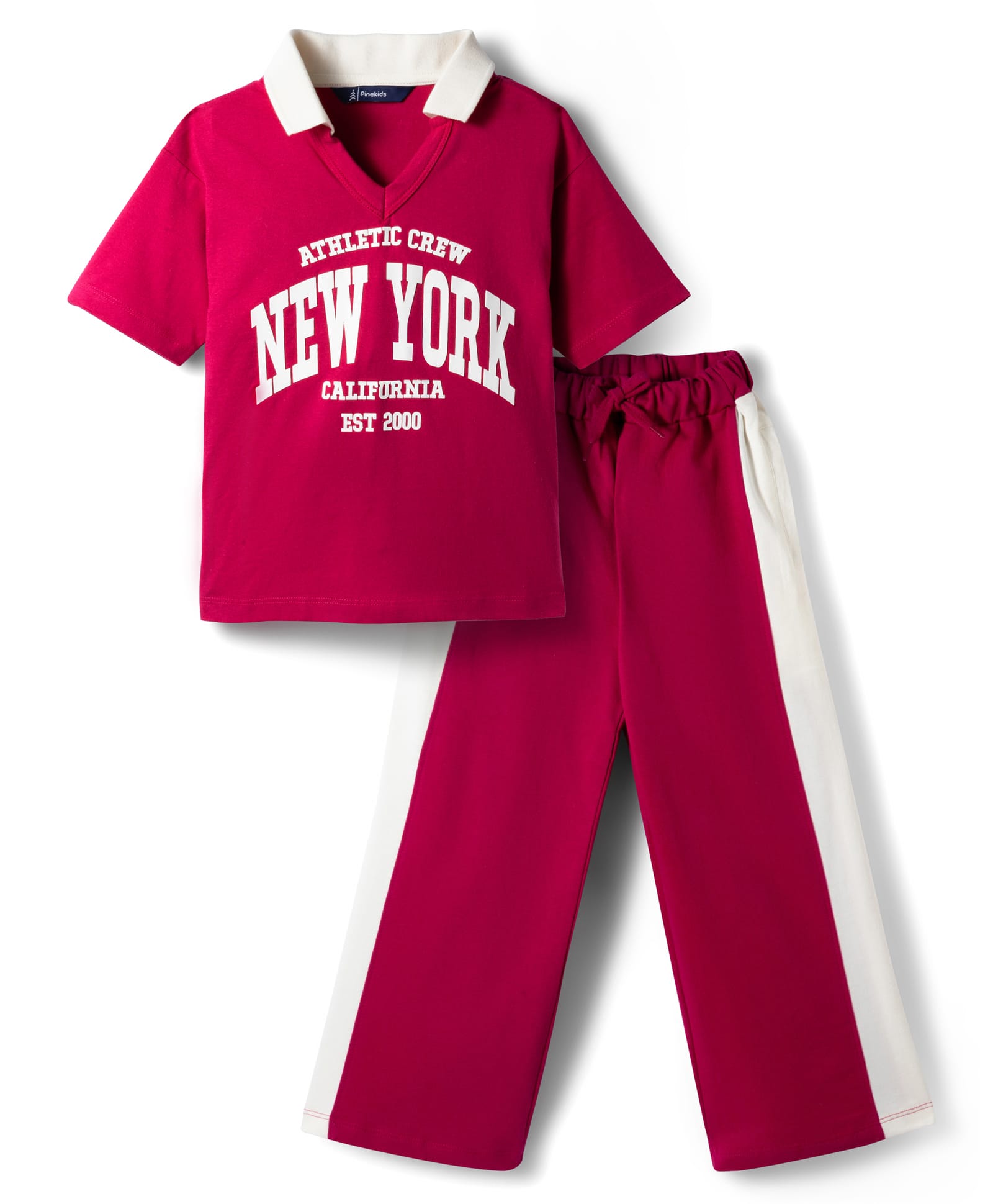 Pine Kids Single Jersey Knit Half Sleeves Top & Palazzo Set with New York Print & Tape Detailing - Dark Pink-picture-21