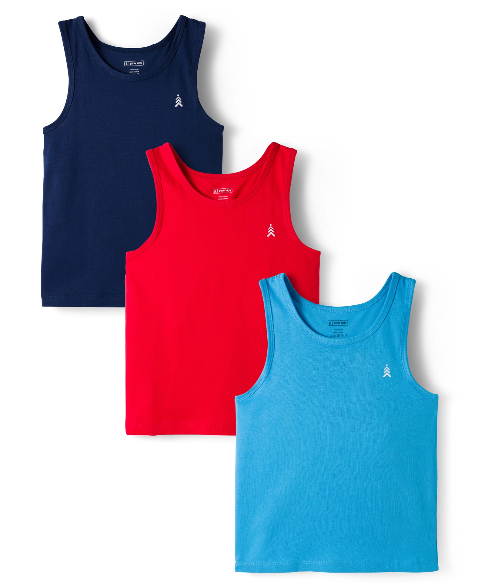 Pine Kids Cotton Knit Sleeveless Solid Assorted Vests Pack of 3 - Aqua Blue Red & Navy Blue-image-21