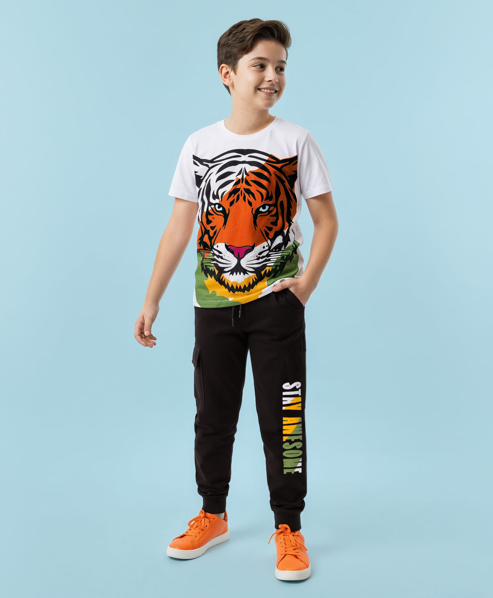 Pine Kids Single Jersey Knit Half Sleeves T-Shirt & Lounge Pant Set with Tiger Print - White & Black-picture-19