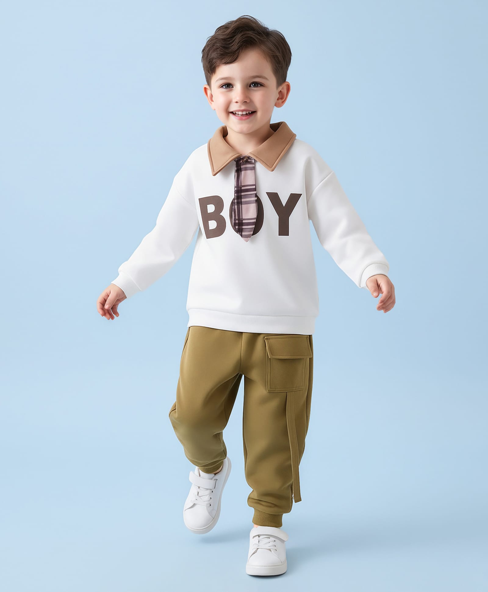 Mark & Mia Full Sleeves Winter Wear Polo T-Shirt & Joggers Set with Boy Text Print - White & Olive Green-image-47