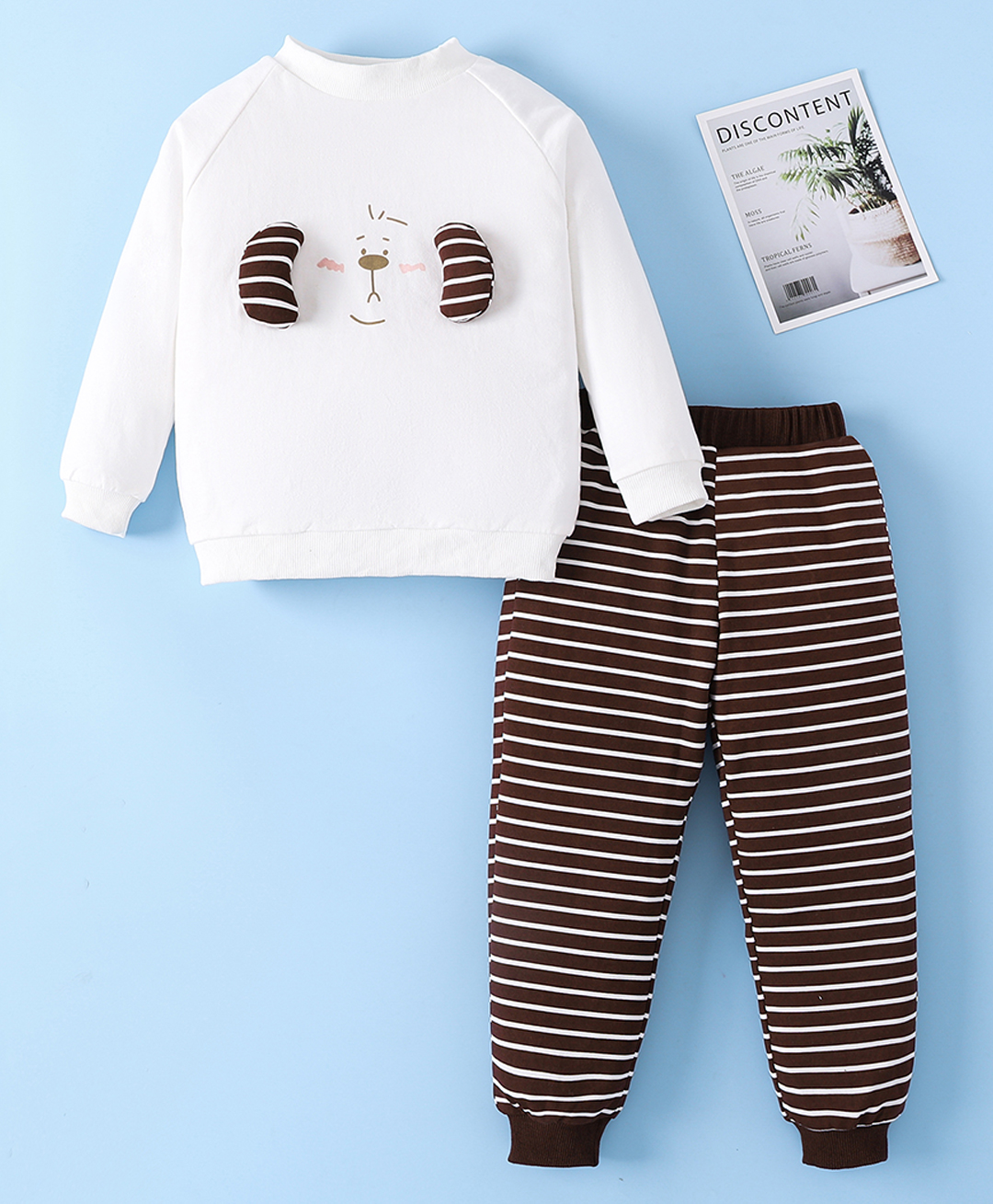 Mark & Mia Cotton Knit Full Sleeves Winter Wear T-Shirt & Joggers Set with Stripes & Animal Applique - White & Black-picture-27