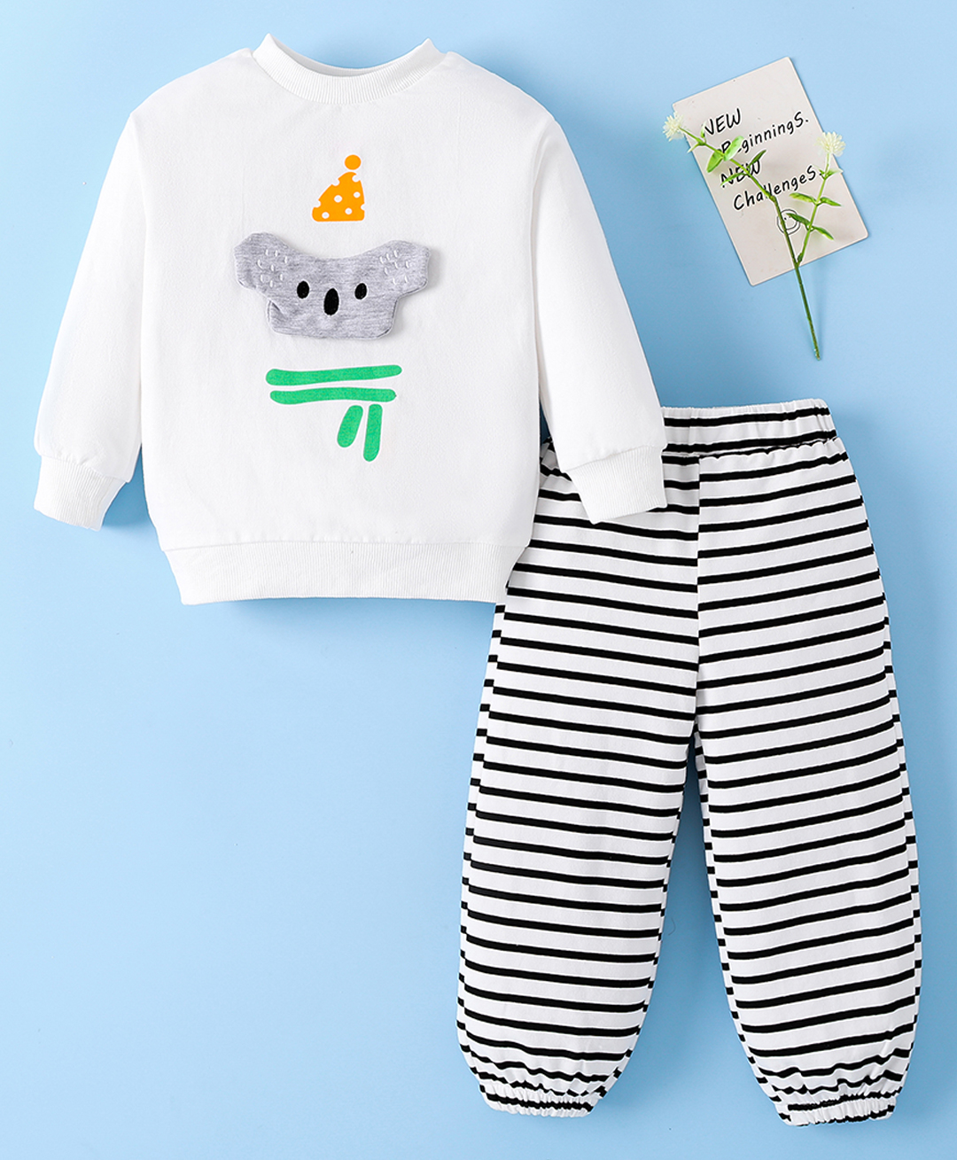Mark & Mia Cotton Knit Full Sleeves Winter Wear T-Shirt & Joggers Set with Stripes & Animal Applique - White & Black-picture-26