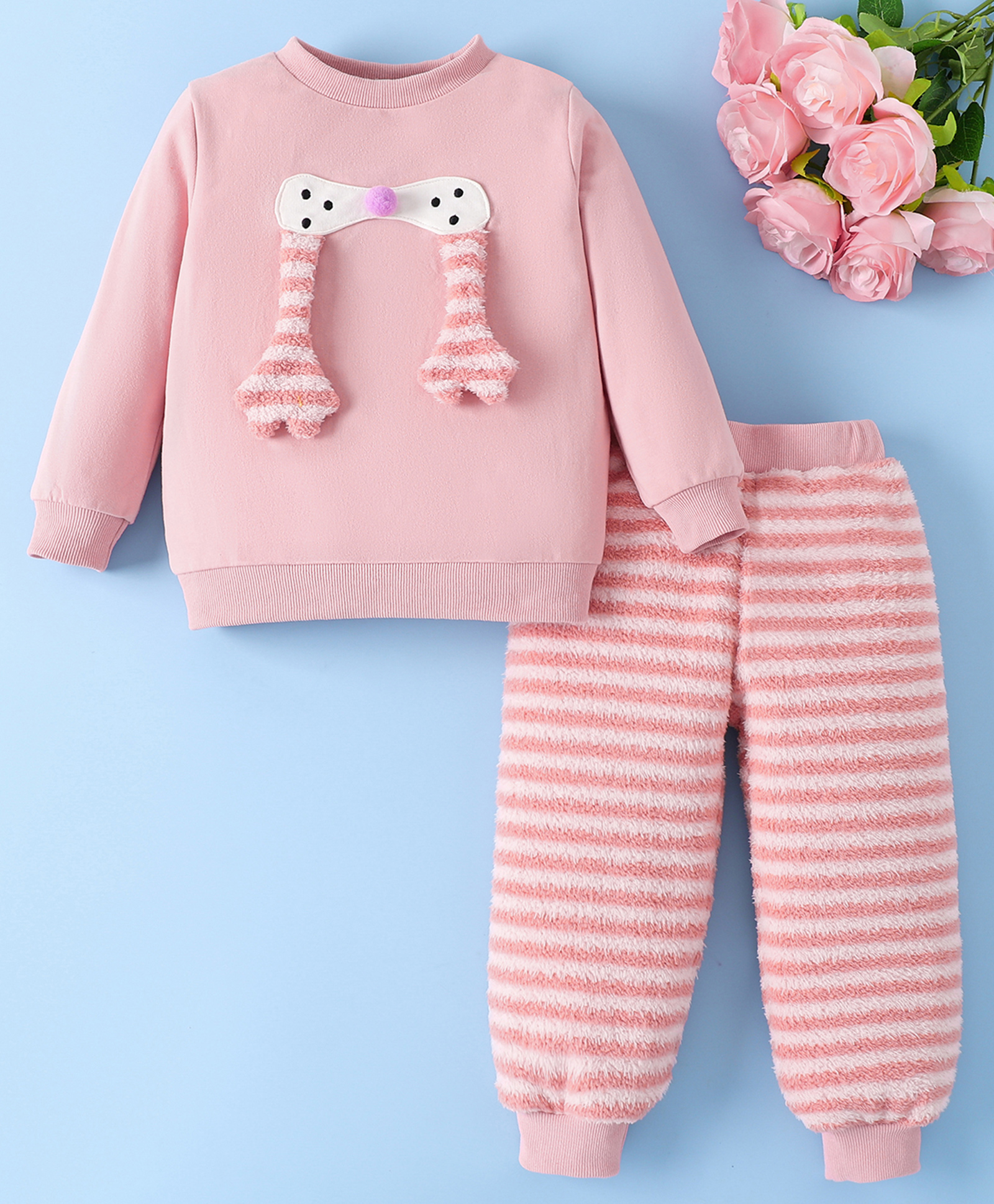 Mark & Mia Cotton Full Sleeves Winter Wear T-Shirt & Joggers Set with Animal Applique & Stripes - White & Pink-image-24
