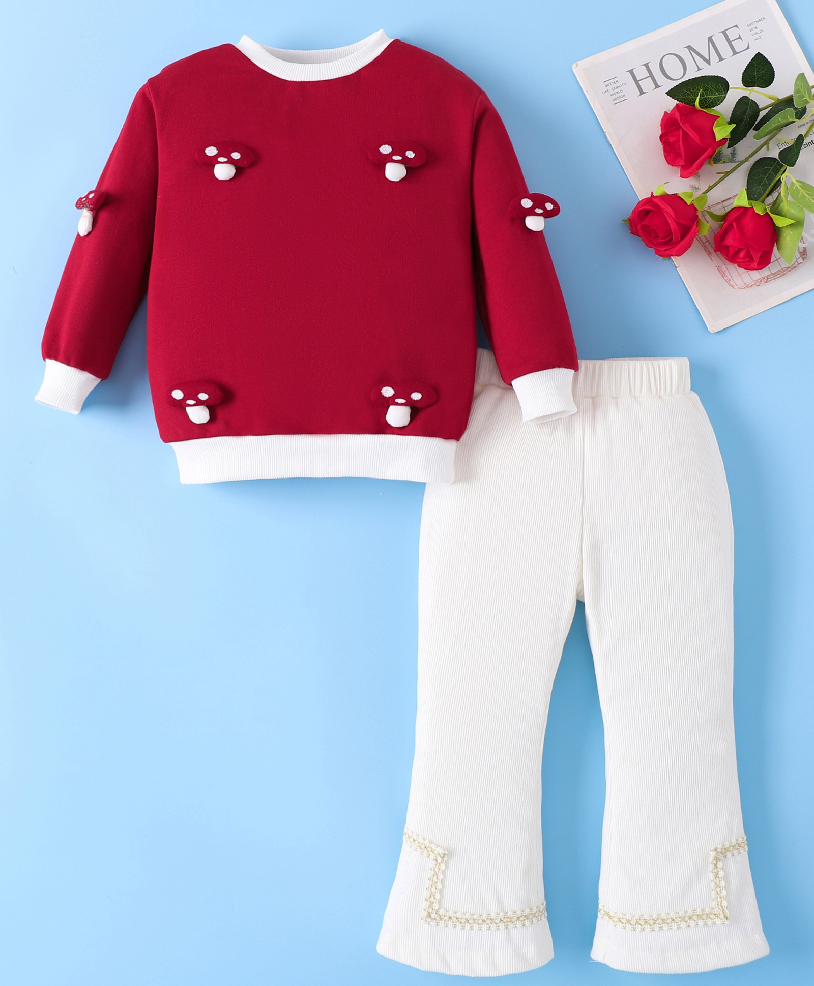 Mark & Mia Cotton Full Sleeves Tops & Flared Trouser Set With Mushroom Applique - Red & White-image-35