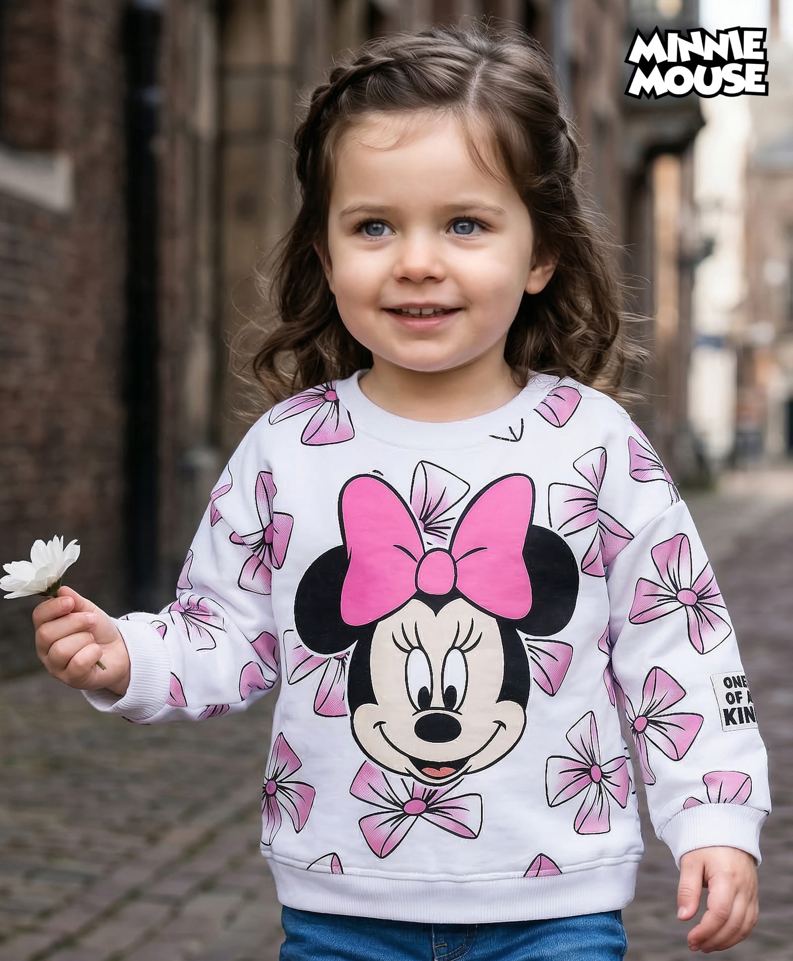 Bonfino Disney Terry Knit Drop Shoulder Full Sleeves Oversized Sweatshirt With Minnie Mouse Graphics & Badge Detailing - White-image-35