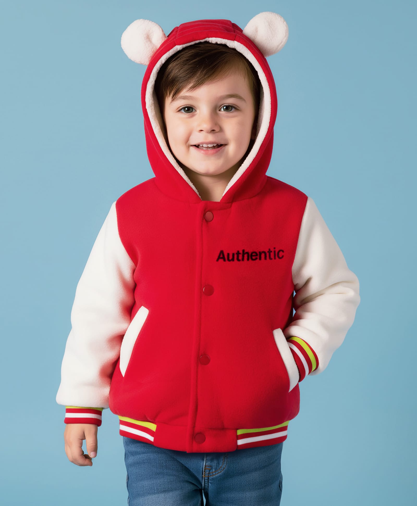 Mark & Mia Full Sleeves Hooded Fur Winter Jacket with Ear Applique Kangaroo Pocket & Text Print - Red-image-10