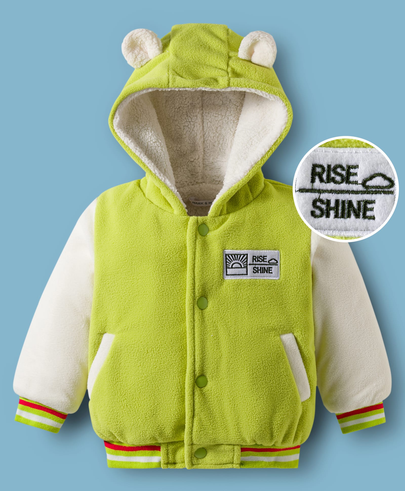 Mark & Mia Full Sleeves Hooded Fur Winter Jacket with Ear Applique Kangaroo Pocket & Text Print - Light Green-picture-16