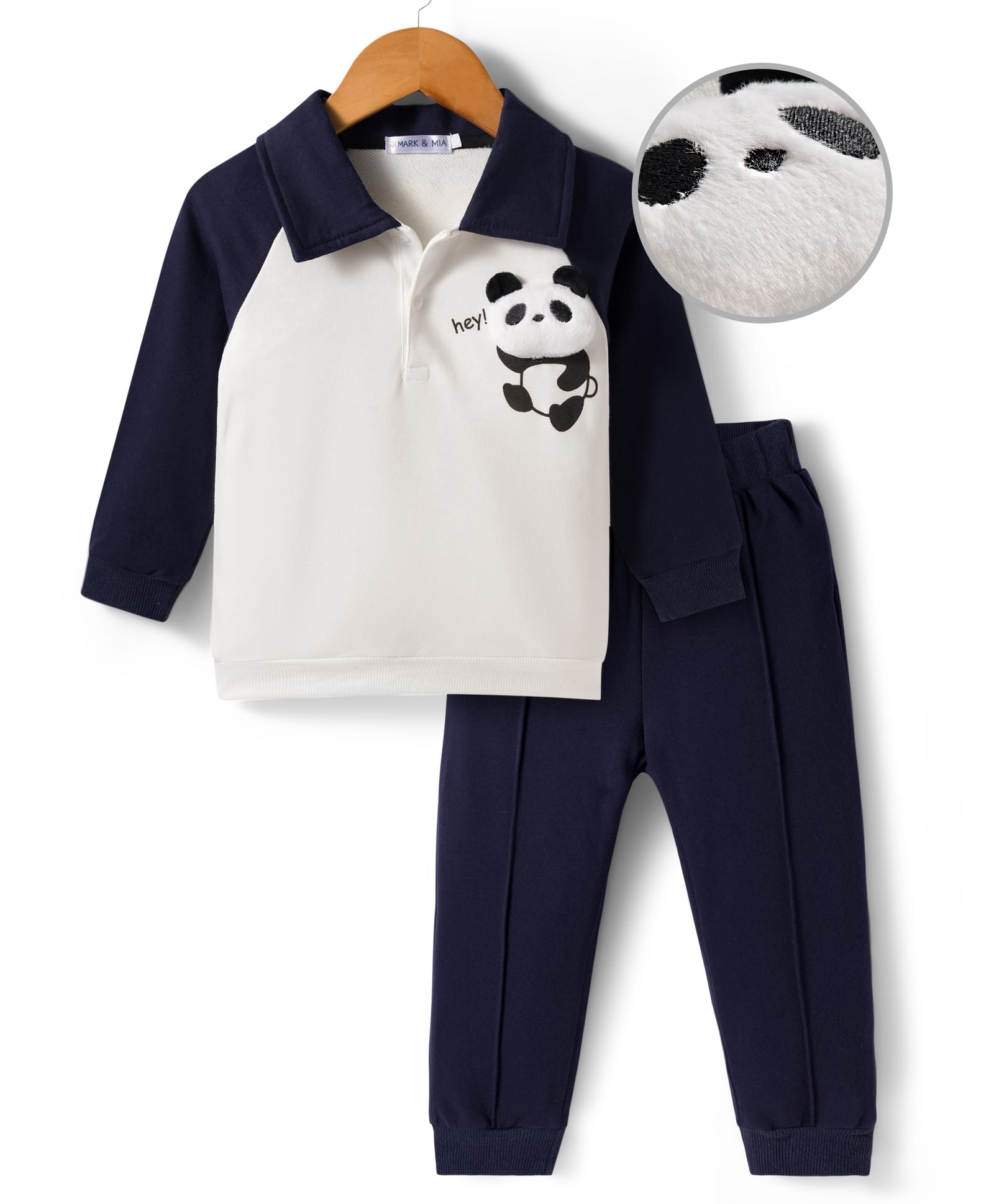 Mark & Mia Full Raglan Sleeves Winter Wear Polo T-Shirt & Joggers Set With Panda Applique - White & Navy Blue