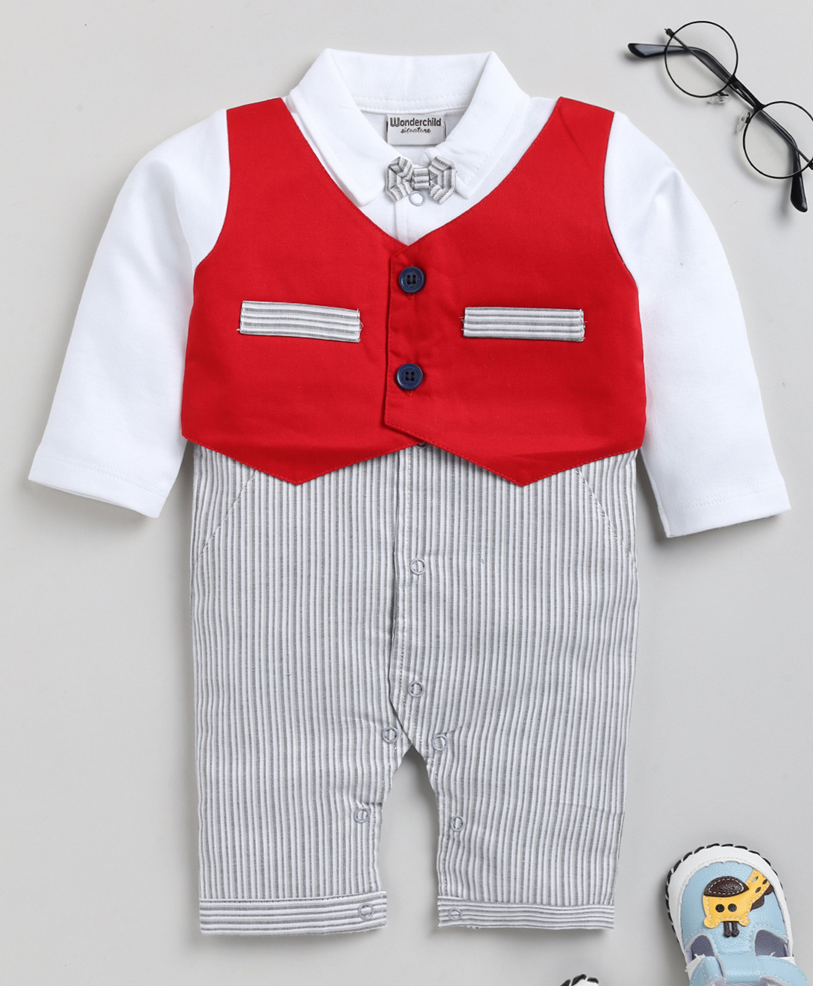 Wonderchild Full Sleeves Striped Romper With Attached Waistcoat - Red & Grey-image-15