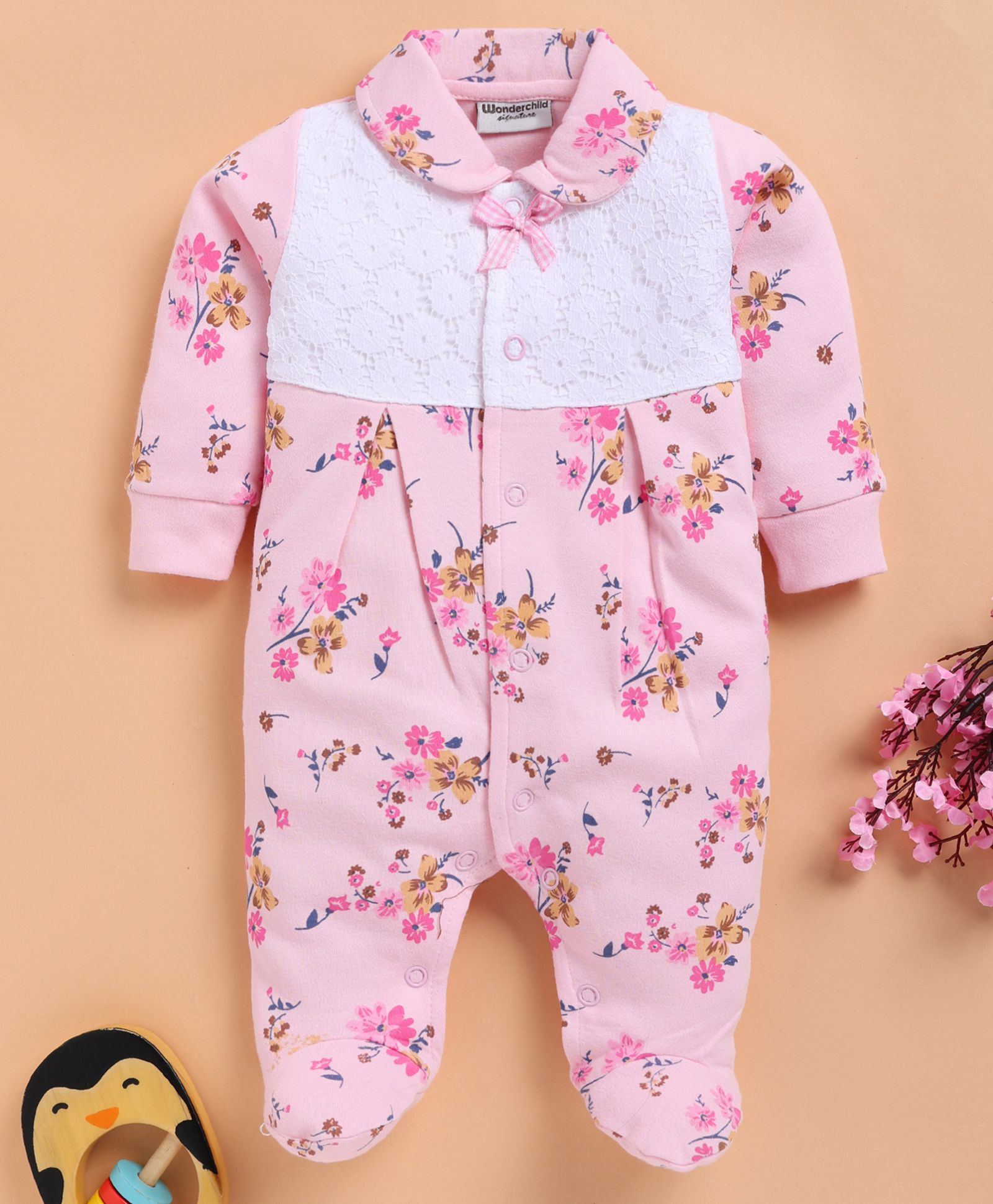 WOnderchild Full Sleeves Floral Printed & Schfilli Embroidered Footed Romper - Pink-image-46
