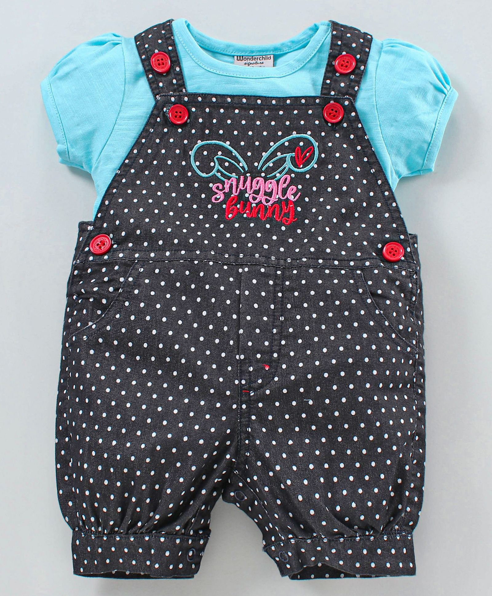 Wonderchild Polka Dots Printed Dungaree With Half Sleeves Tee Set - Blue & Denim-image-34