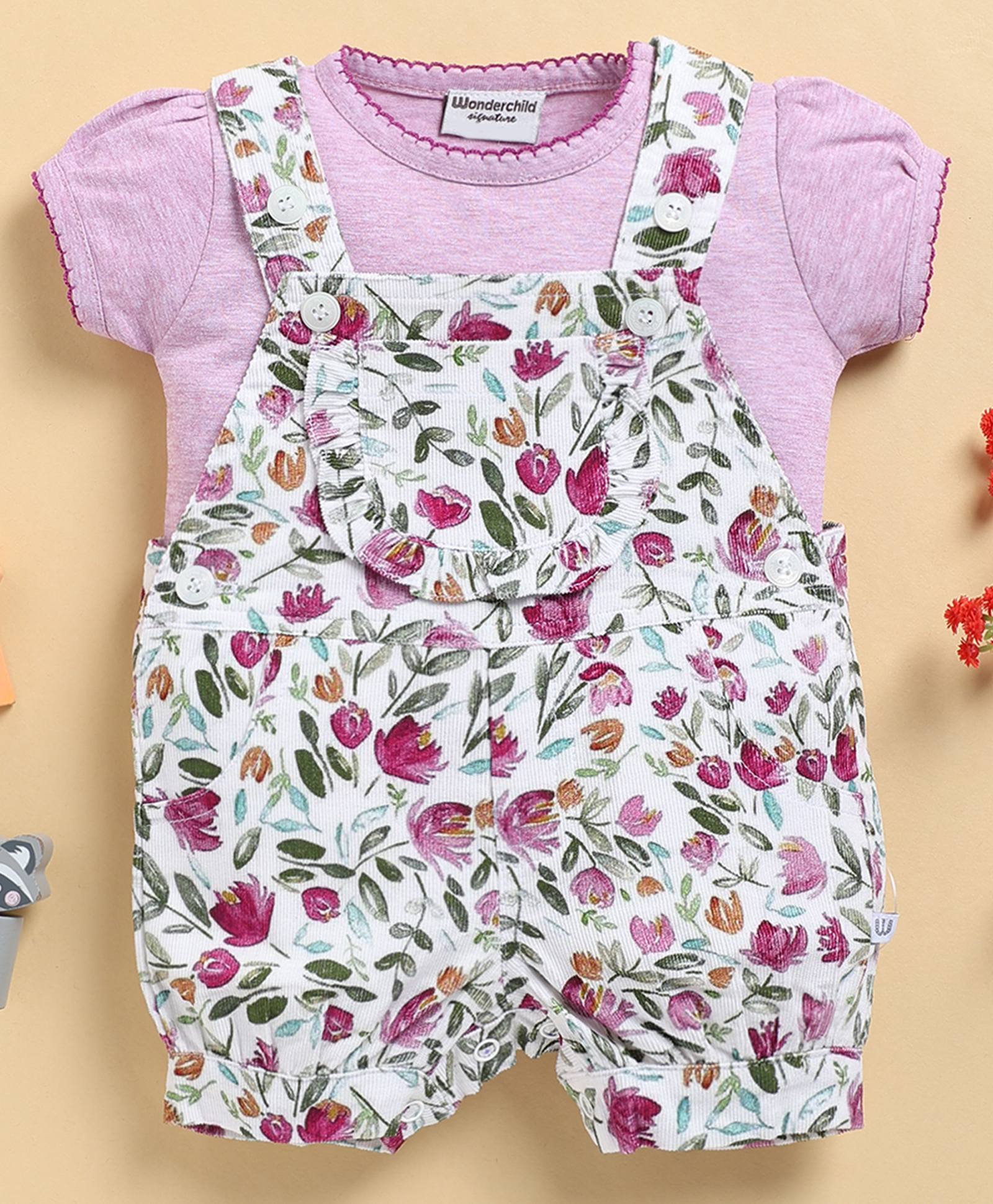 Wonderchild Floral Printed Dungaree With Half Sleeves Tee Set - Mauve-image-47