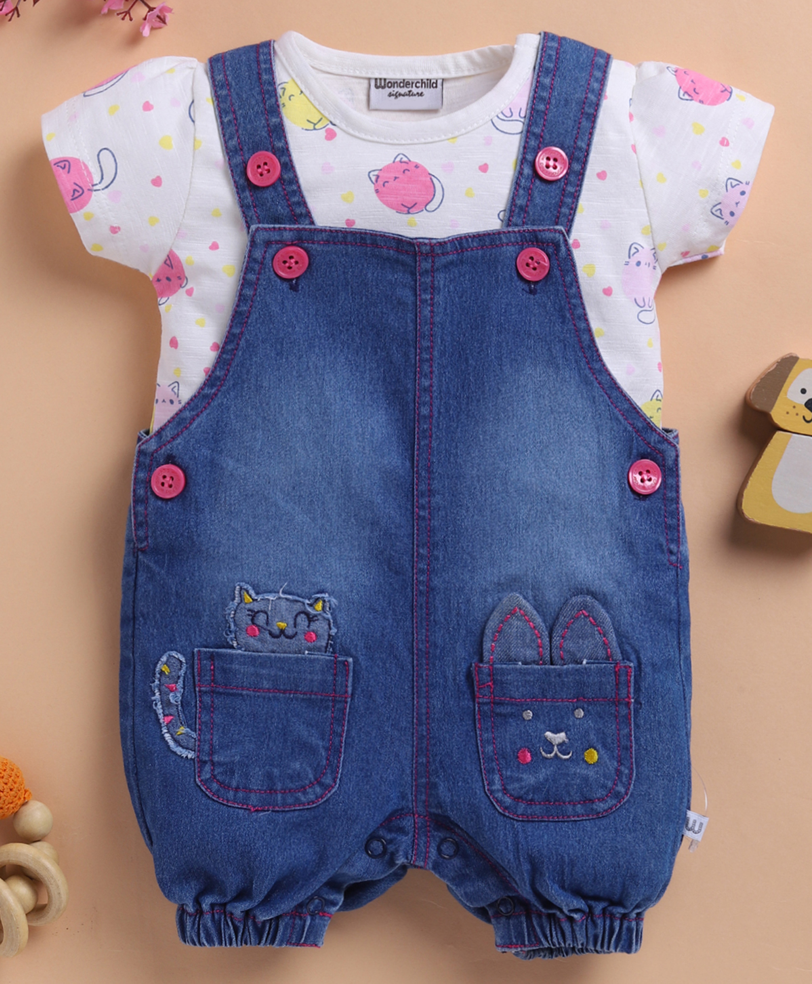WonderchildMild Washed Dungaree With Half Sleeves Cute Cat Printed Tee Set - White & Denim-image-5