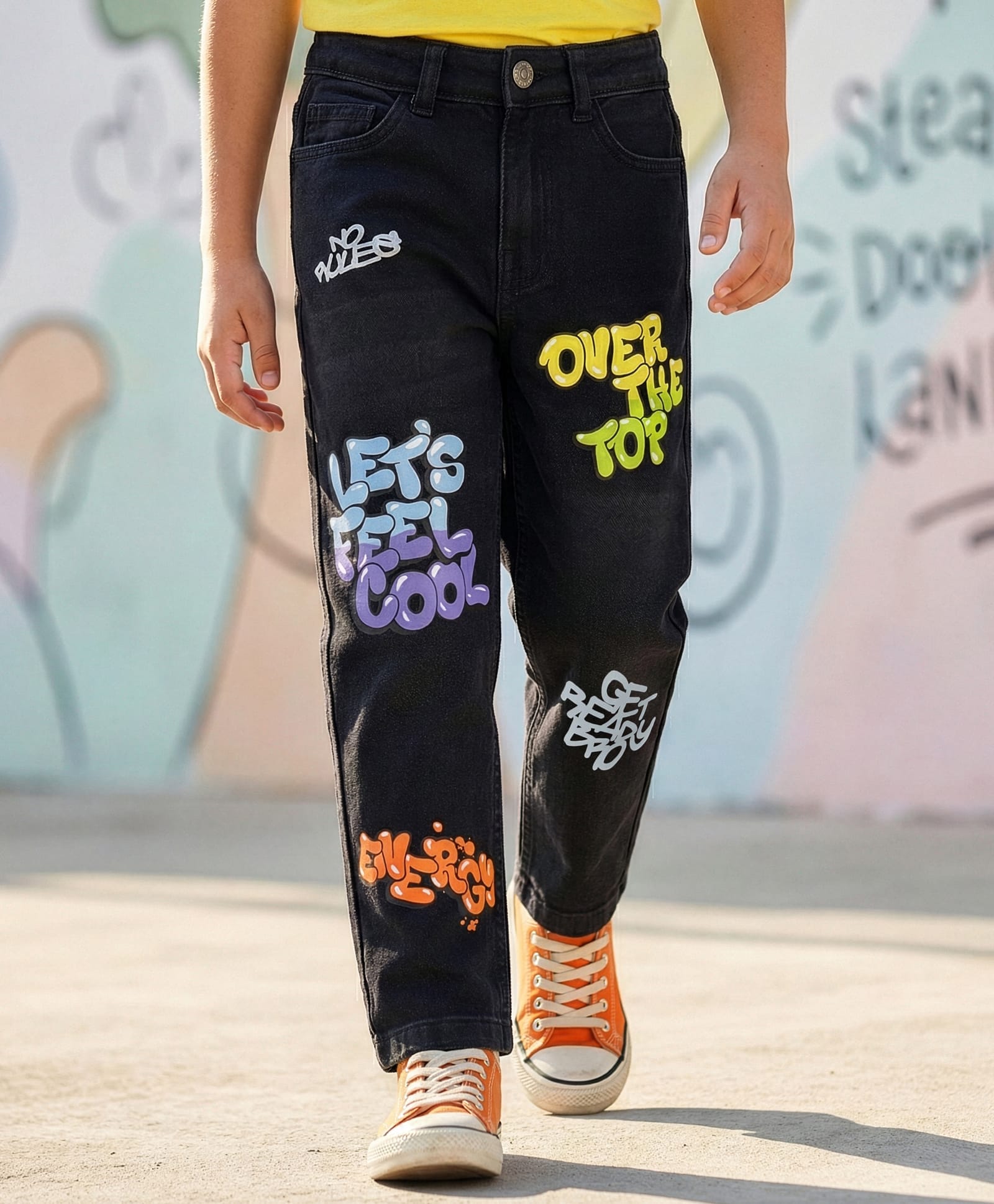 Pine Kids Denim Full Length Washed Jeans With Text Print - Black-picture-19