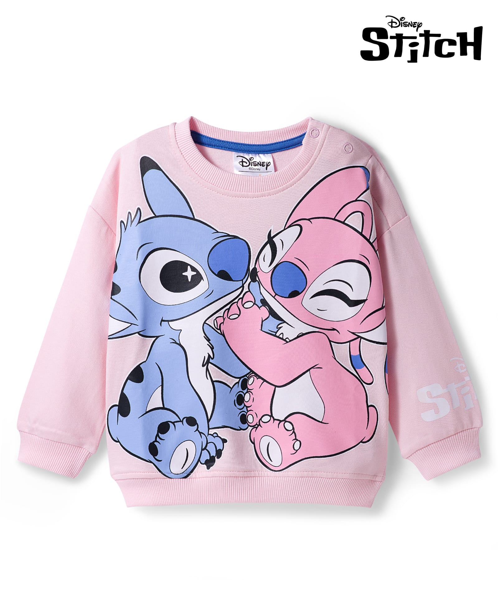 Bonfino Disney Terry Knit Drop Shoulder Full Sleeves Oversized Sweatshirt with Stitch & Angel Graphic - Light Pink-picture-13