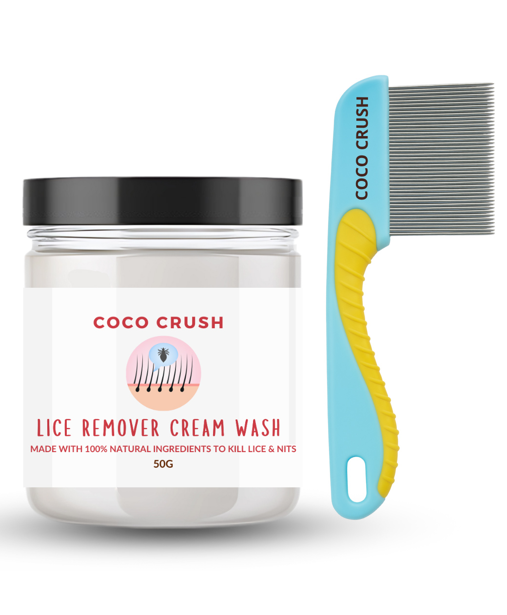 Coco Crush Herbal Lice & Nits Treatment Cream Wash & Long-Handle Lice Comb 50g + Comb-image-25