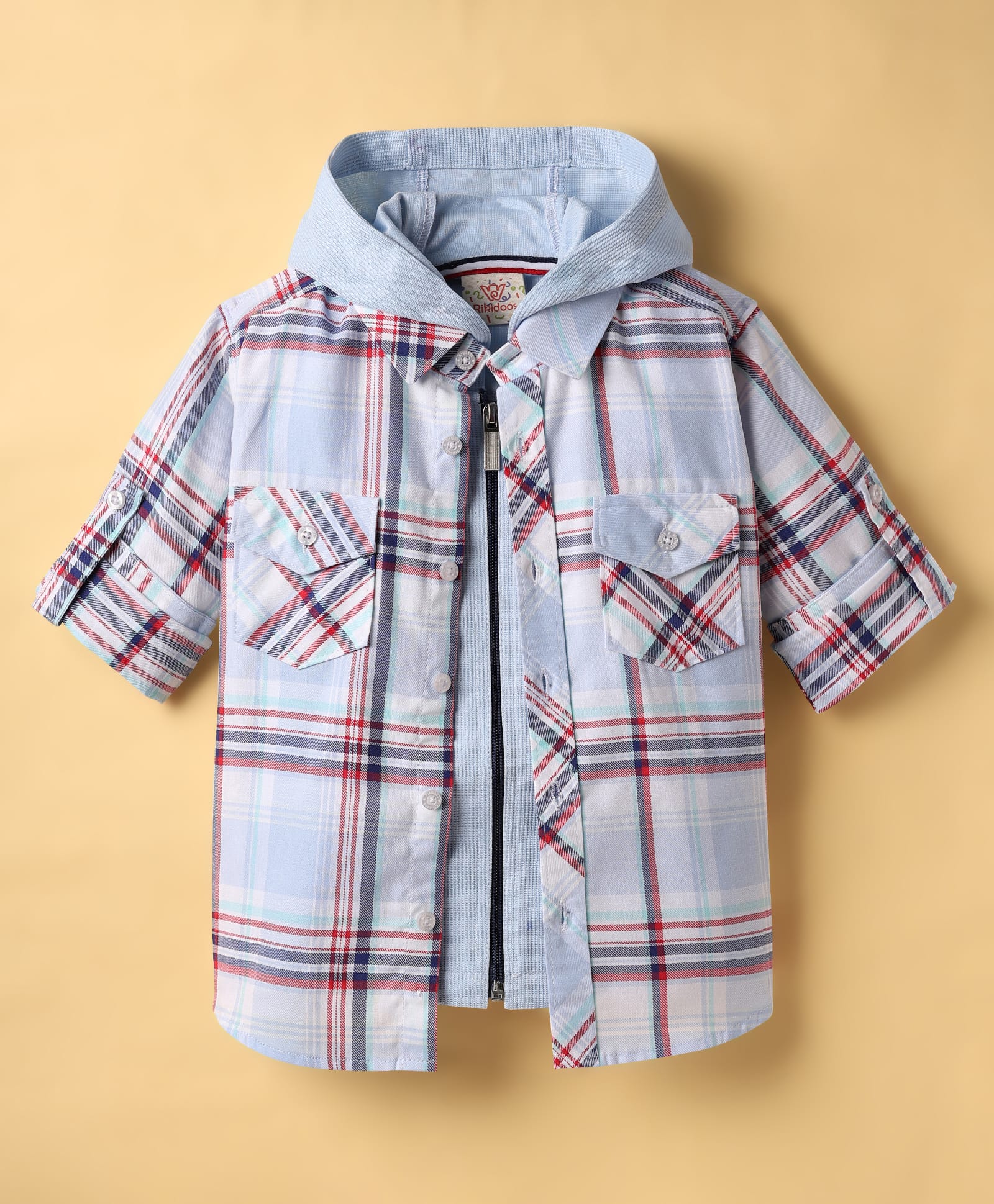 Rikidoos Full Sleeves Checked Shirt With Attached Hooded Tee - Sky Blue-picture-28