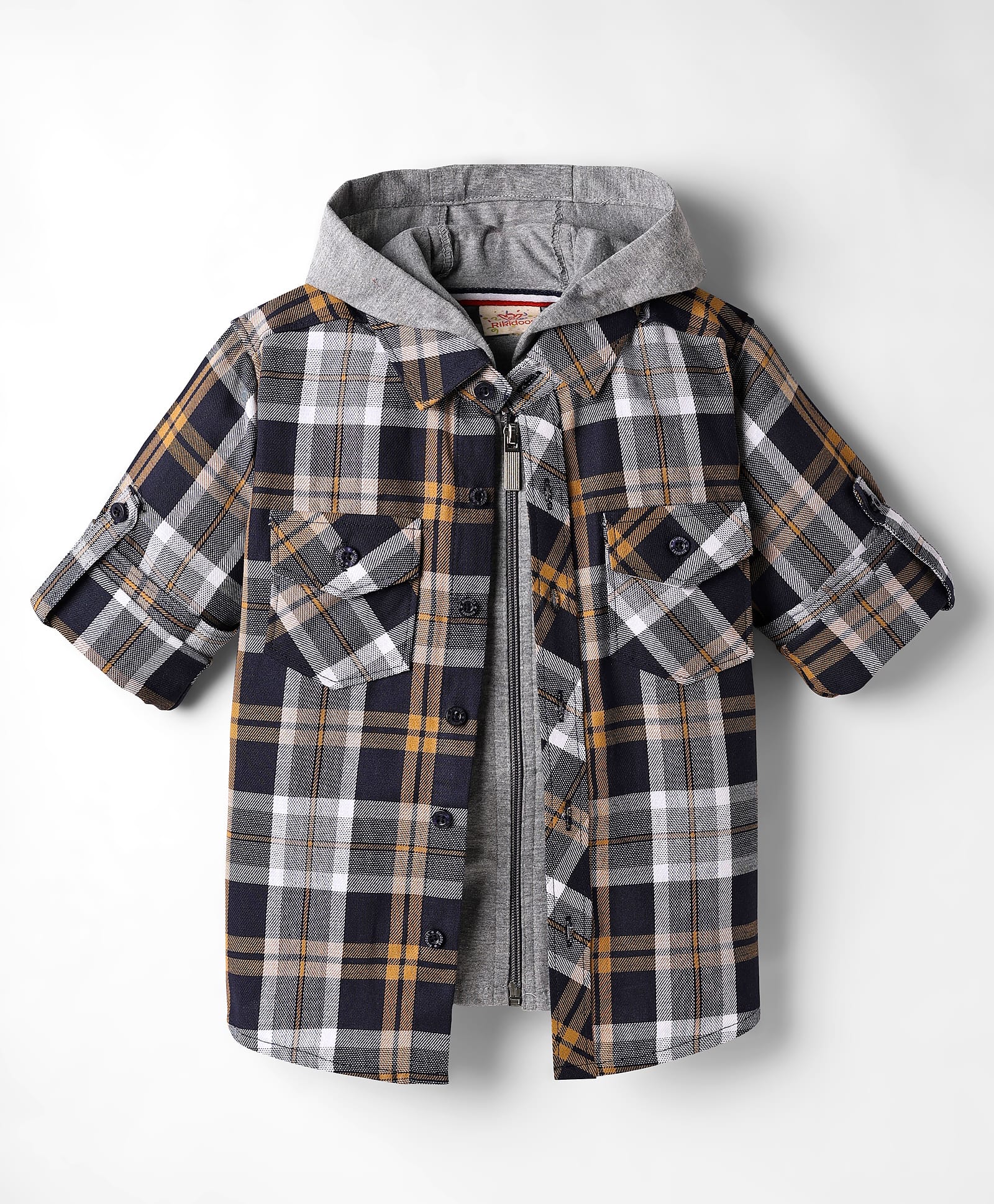 Rikidoos Full Sleeves Checked Shirt With Attached Hooded Tee - Navy Blue & Grey-picture-13