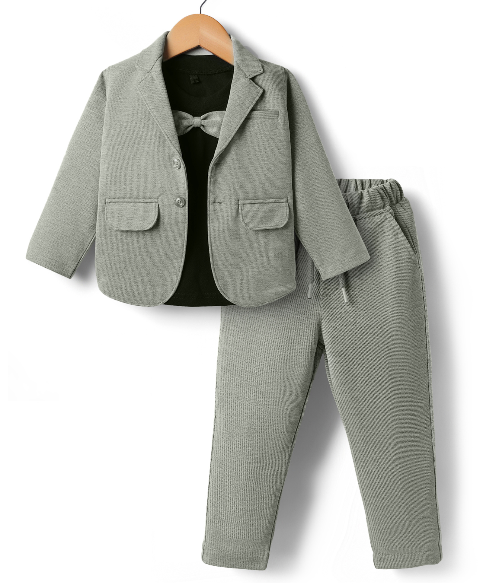 Rikidoos Full Sleeves Textured Blazer With Bow Applique Detailed Tee & Pant Set - Olive Green & Black-picture-38