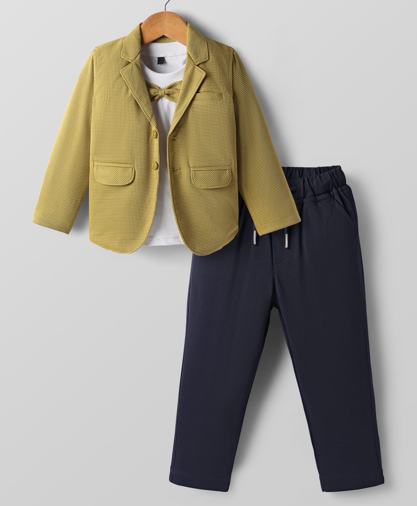 Rikidoos Full Sleeves Textured Blazer With Bow Applique Detailed Tee & Pant Set - Mustard-picture-18