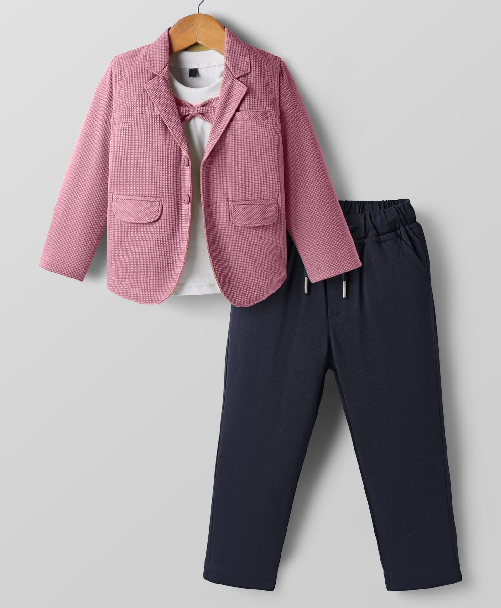 Rikidoos Full Sleeves Textured Blazer With Bow Applique Detailed Tee & Pant Set - Pink & White-picture-37
